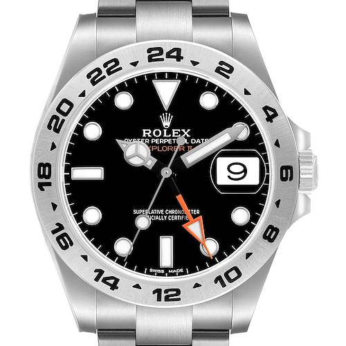 The Rolex Explorer 216570 Men's Stainless Steel Black Dial model is shown from a front angle, displaying the dial, bezel, hands, and part of the bracelet.