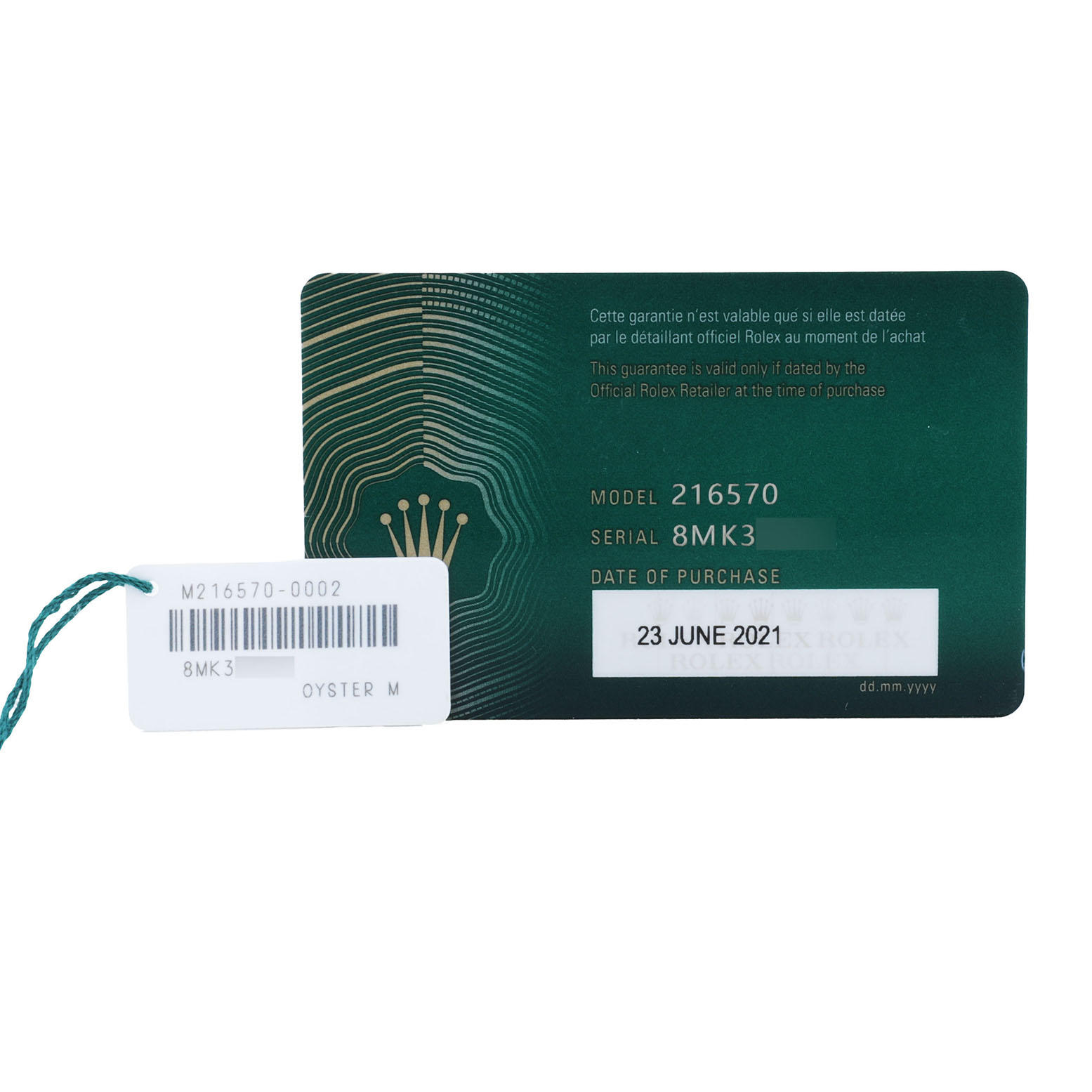 The image shows a warranty card and tag for a Rolex Explorer 216570 Men's Stainless Steel Black Dial Model 216570.