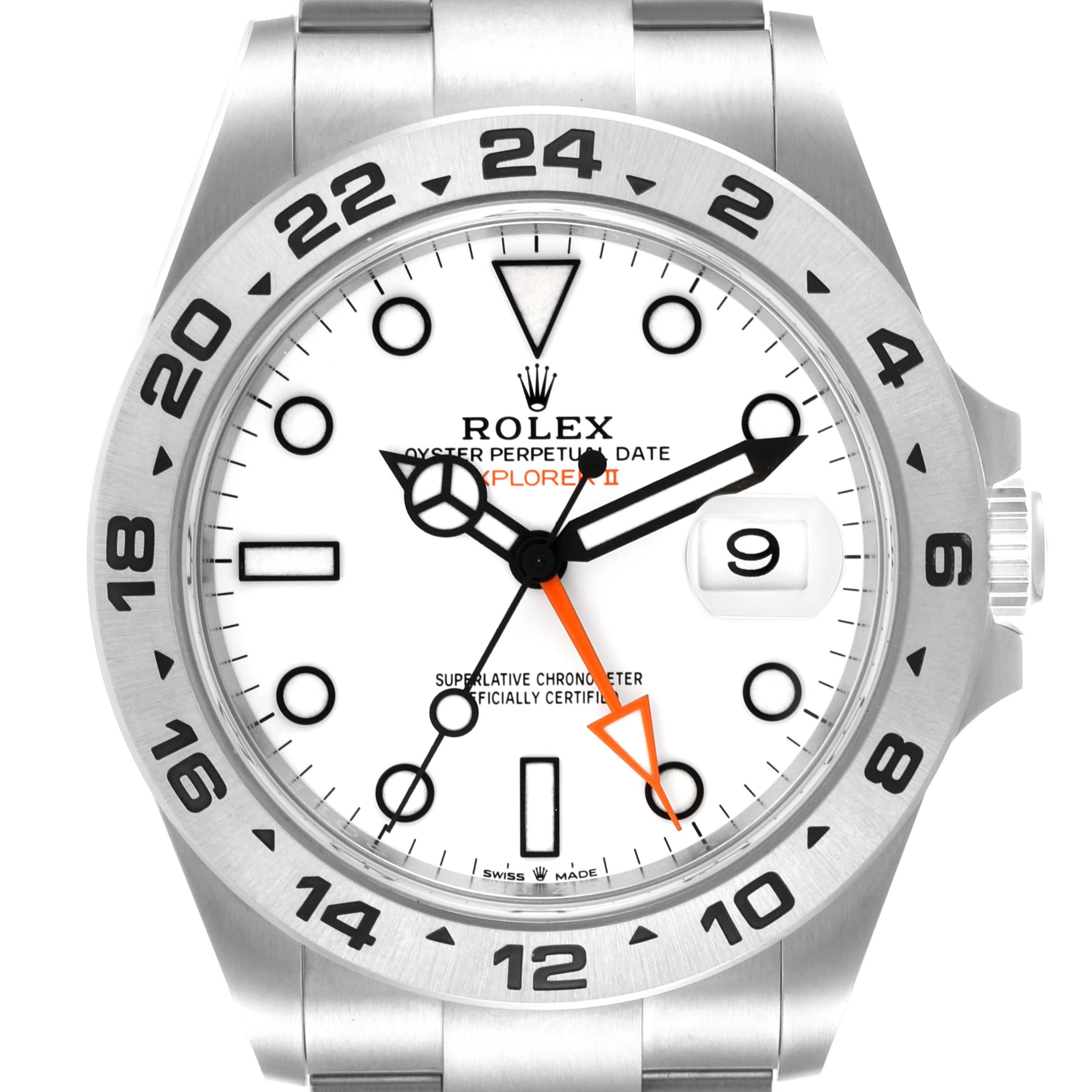 This image shows the face and bezel of a Rolex Explorer 226570 Men's Stainless Steel White Dial 226570 Men's Stainless Steel White Dial II, with a white dial and orange 24-hour hand.