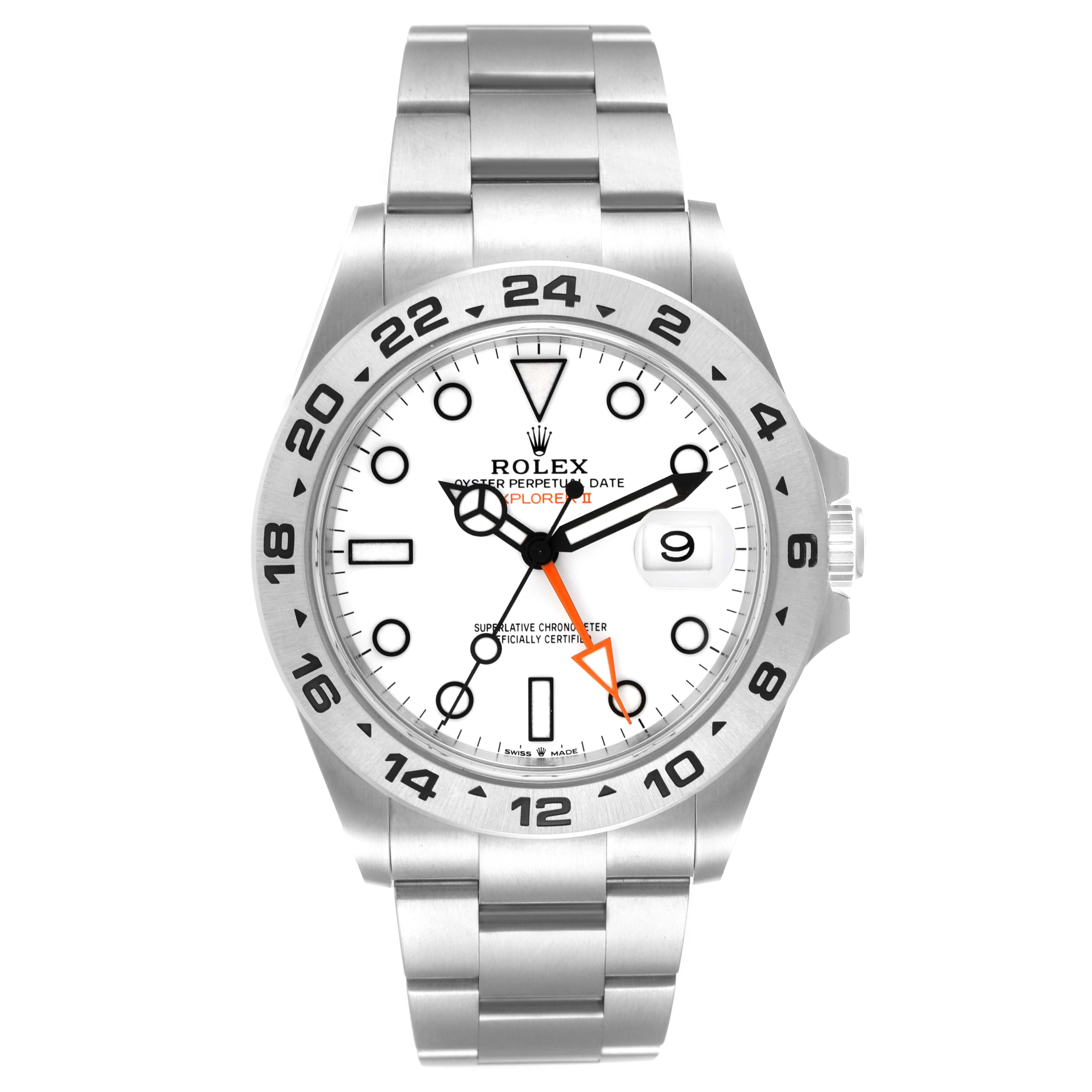 The image shows a front view of a Rolex Explorer 226570 Men's Stainless Steel White Dial 226570 Men's Stainless Steel White Dial watch displaying the face, hour markers, hands, bezel, crown, and part of the bracelet.