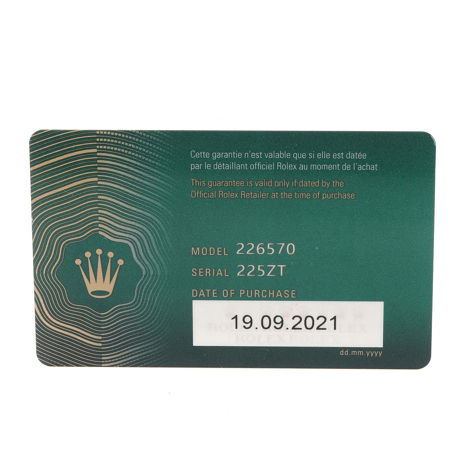 This image shows the official warranty card for the Rolex Explorer 226570 Men's Stainless Steel White Dial 226570 Men's Stainless Steel White Dial model 226570, including serial number and purchase date.