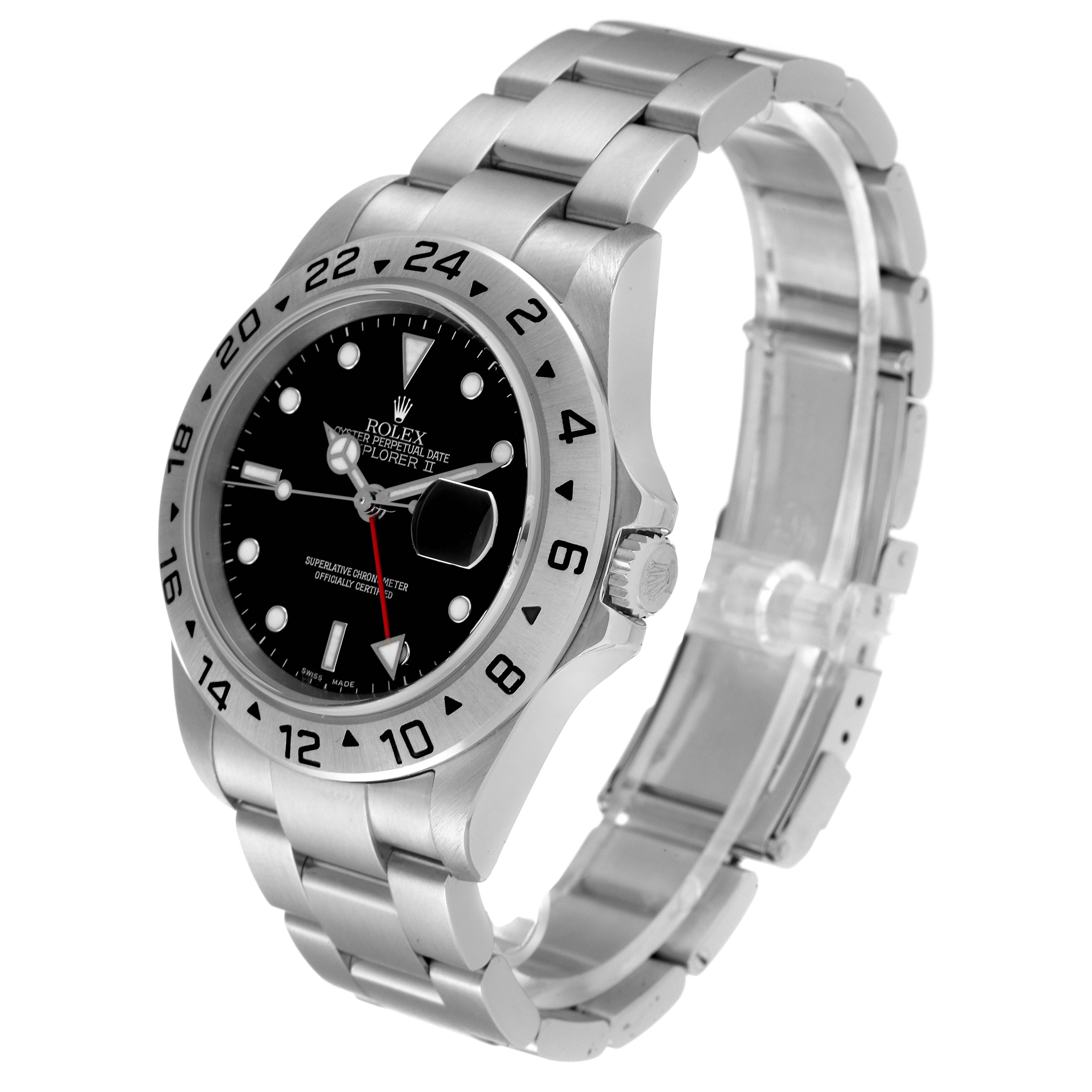 The Rolex Explorer 16570 Men
s Stainless Steel Black Dial 16570 Men
s Stainless Steel Black Dial watch is shown at a three-quarter angle, displaying its face, bezel, crown, and bracelet.