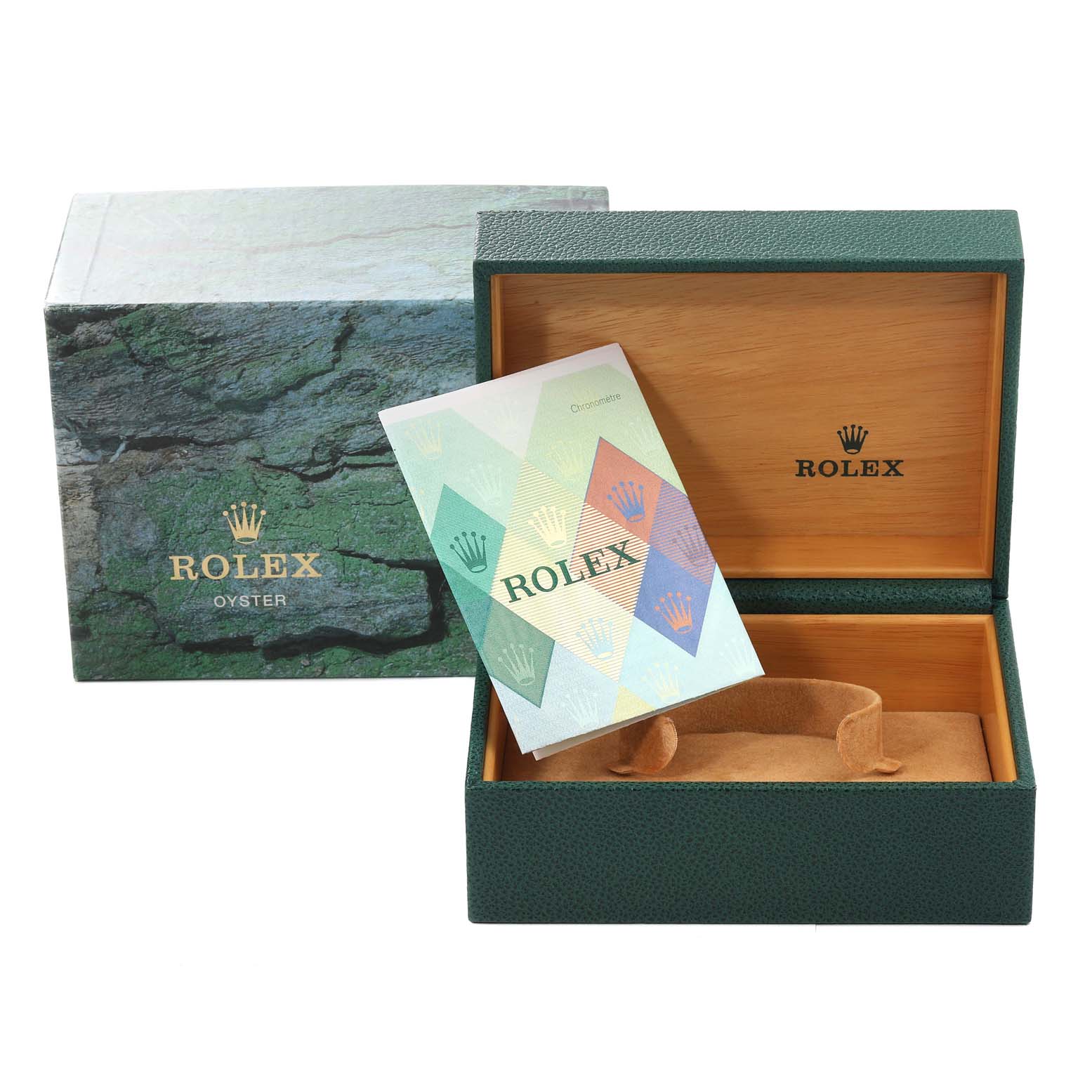 This image shows the packaging box and an open wooden box for a Rolex Explorer 16570 Men
s Stainless Steel Black Dial 16570 Men
s Stainless Steel Black Dial model, including a booklet.