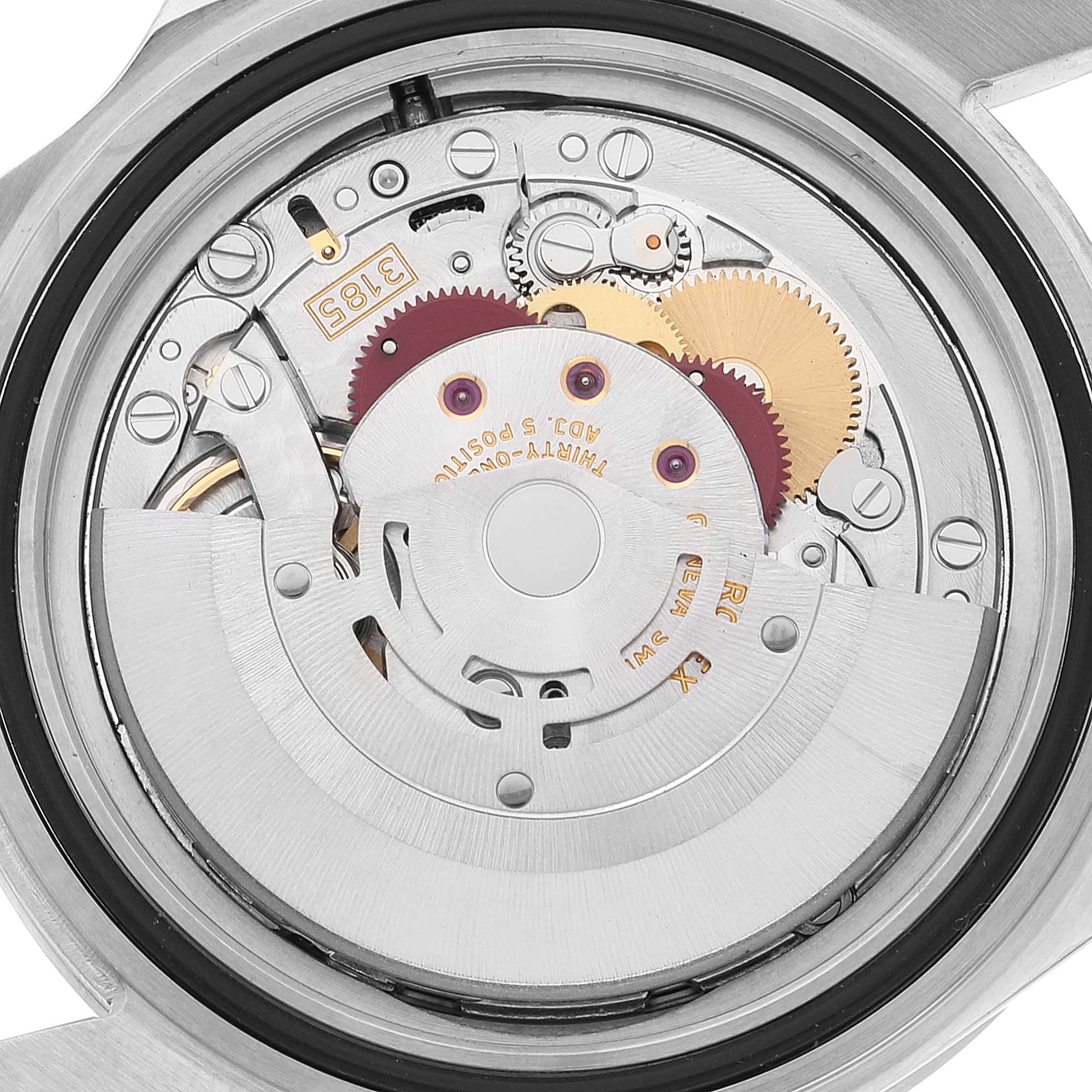 The image shows the detailed view of the movement and inner workings of the Rolex Explorer 16570 Men
s Stainless Steel Black Dial 16570 Men
s Stainless Steel Black Dial watch from the back angle.