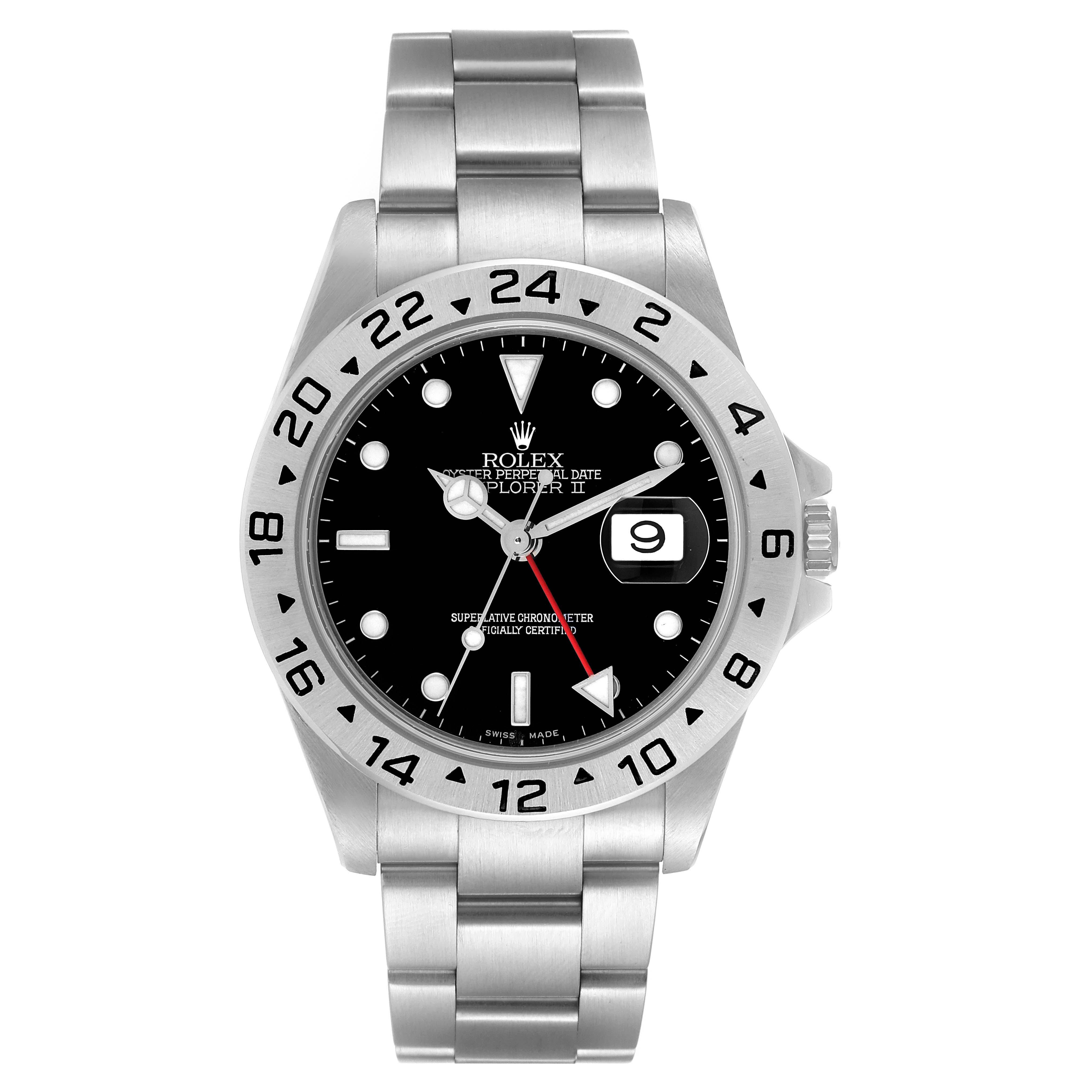 The image shows a front view of a Rolex Explorer 16570 Men
s Stainless Steel Black Dial 16570 Men
s Stainless Steel Black Dial watch, featuring its stainless steel band, black dial, and date display.