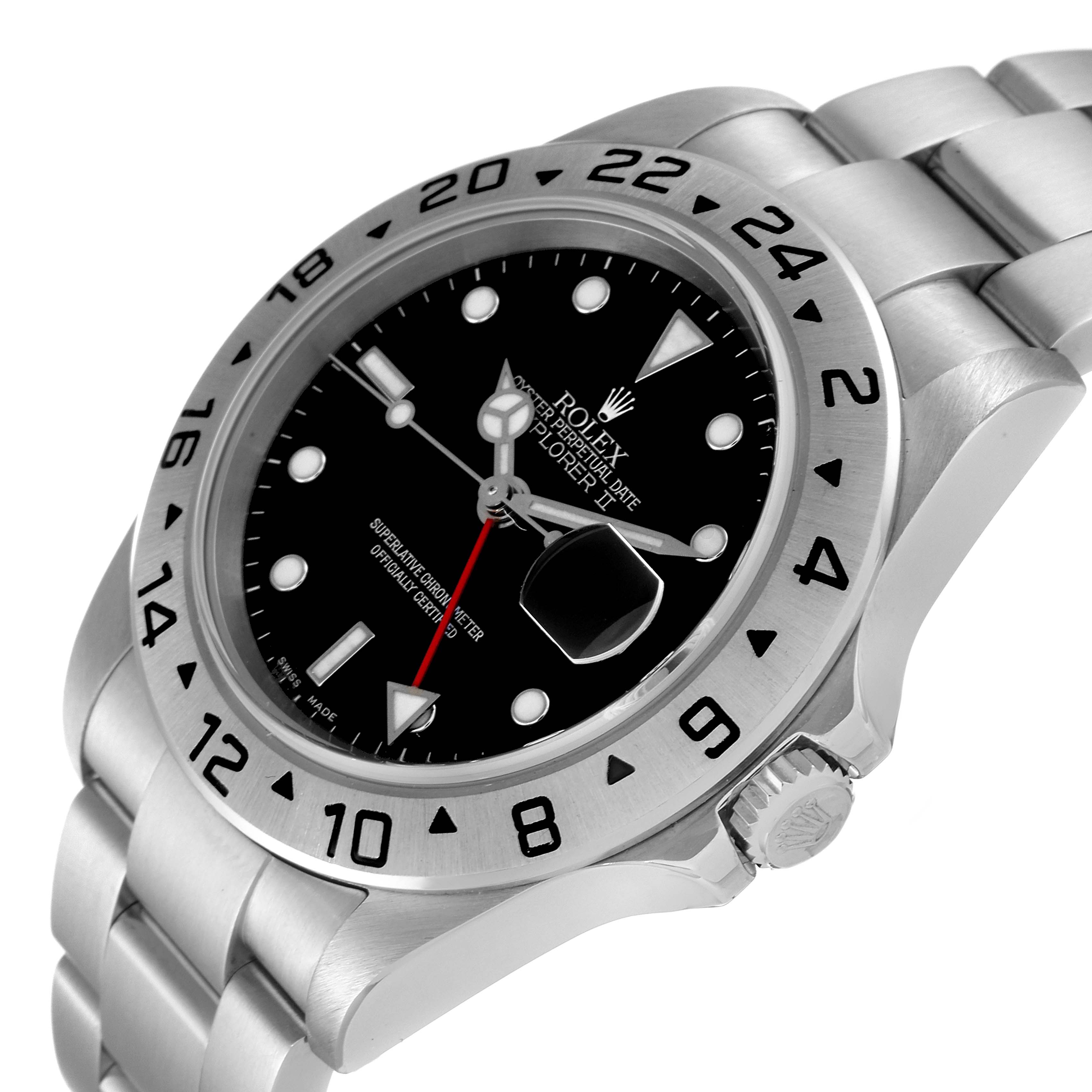 This image shows a Rolex Explorer 16570 Men
s Stainless Steel Black Dial 16570 Men
s Stainless Steel Black Dial watch angled to display the dial, bezel, crown, and part of the metal bracelet.