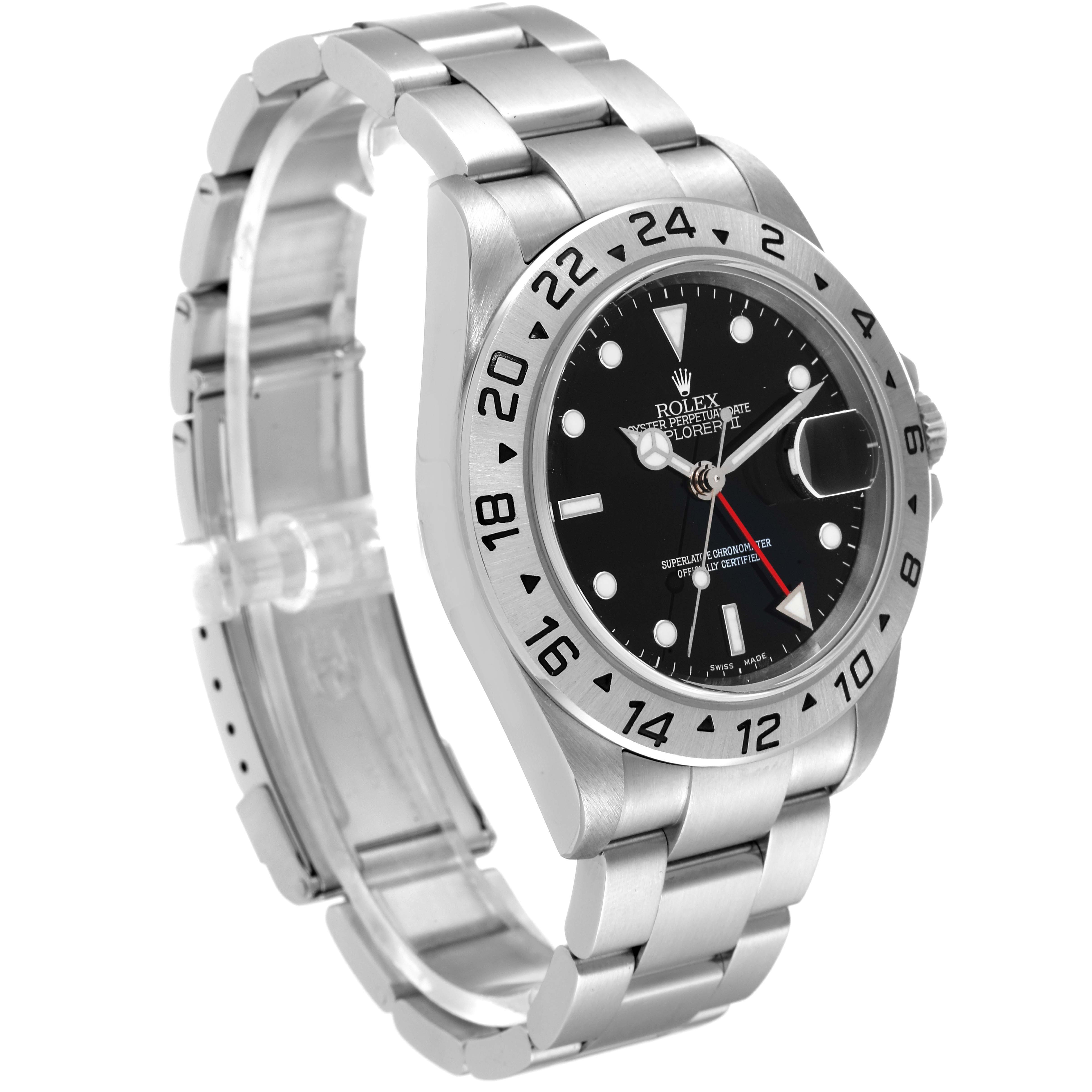 The image shows a Rolex Explorer 16570 Men
s Stainless Steel Black Dial 16570 Men
s Stainless Steel Black Dial watch from a front-side angle, highlighting its dial, bezel, and metal bracelet.