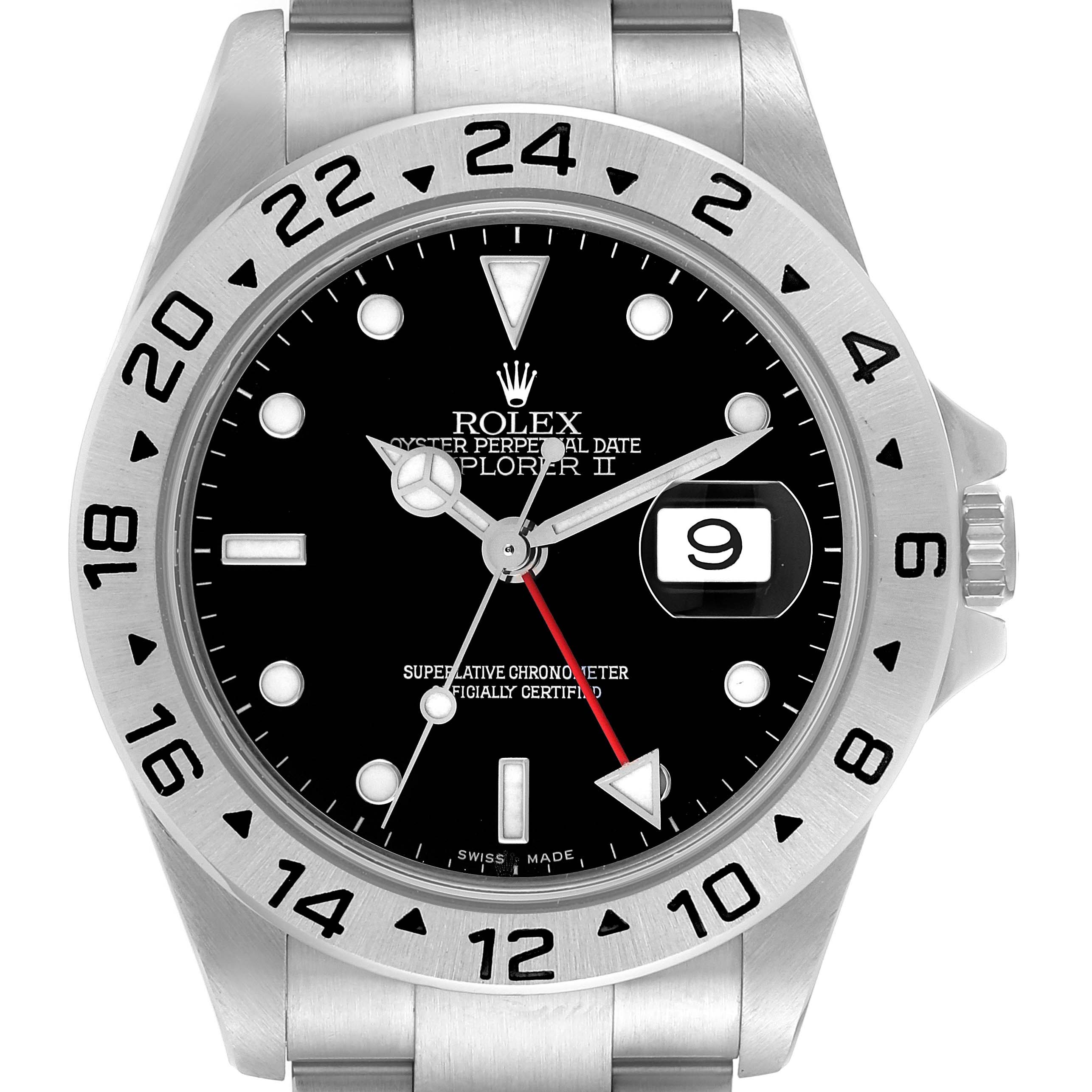 This image shows a front view of the Rolex Explorer 16570 Men
s Stainless Steel Black Dial 16570 Men
s Stainless Steel Black Dial watch, highlighting the dial, bezel, and part of the bracelet.
