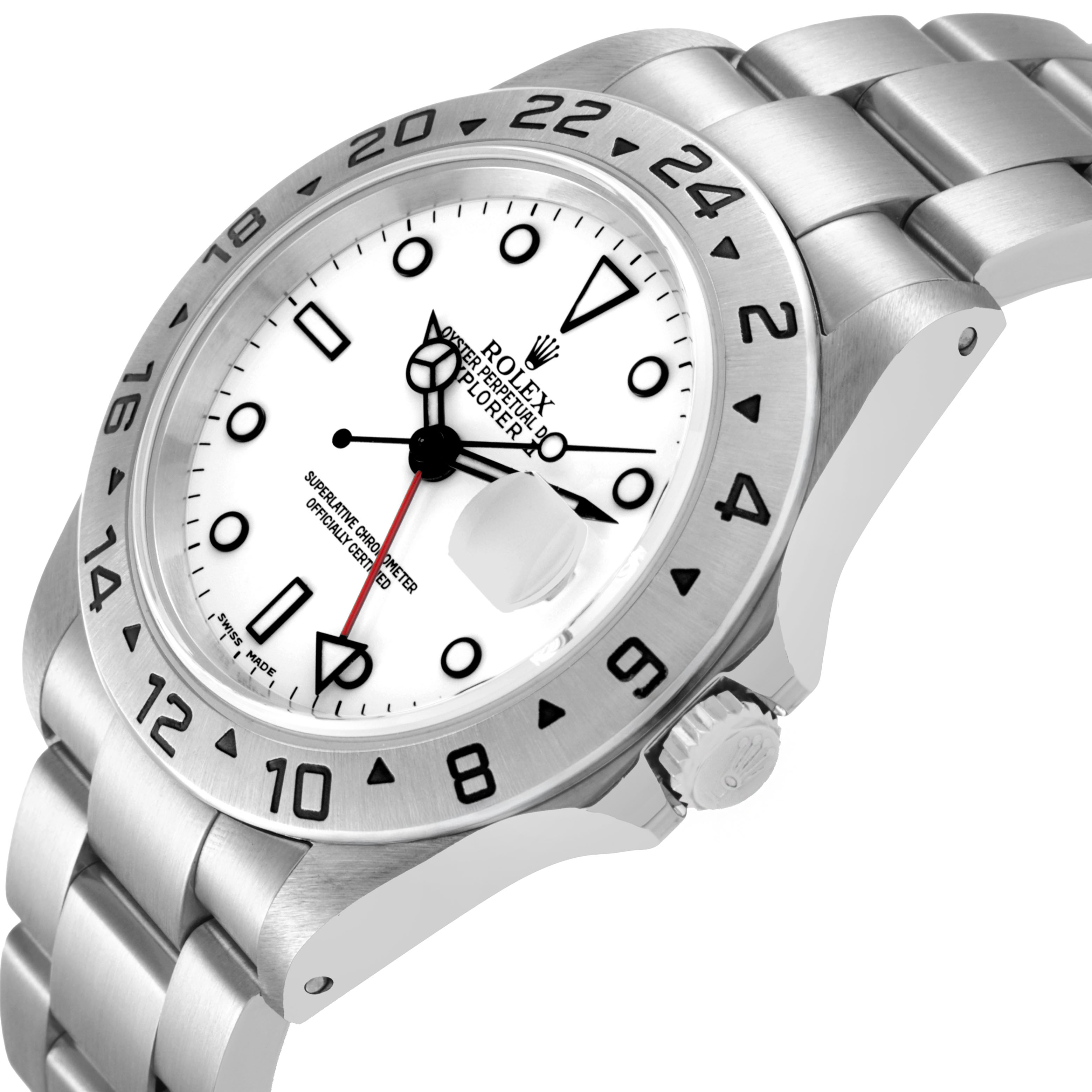 The image shows a Rolex Explorer 16570 Men's Stainless Steel White Dial watch at an angled side view, highlighting the bezel, crown, and part of the bracelet.