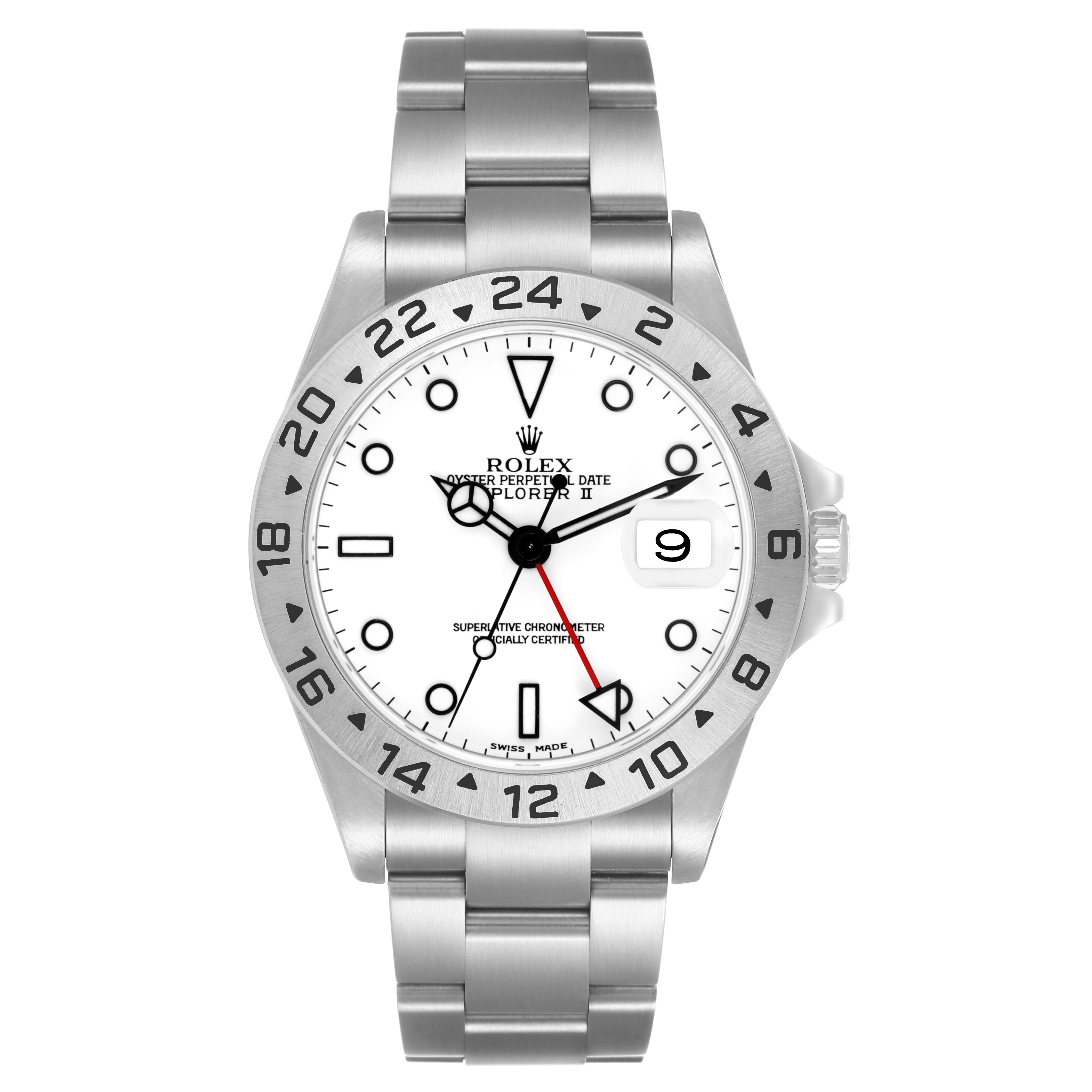 The image shows a front view of the Rolex Explorer 16570 Men's Stainless Steel White Dial model watch, highlighting the dial, bezel, and bracelet.