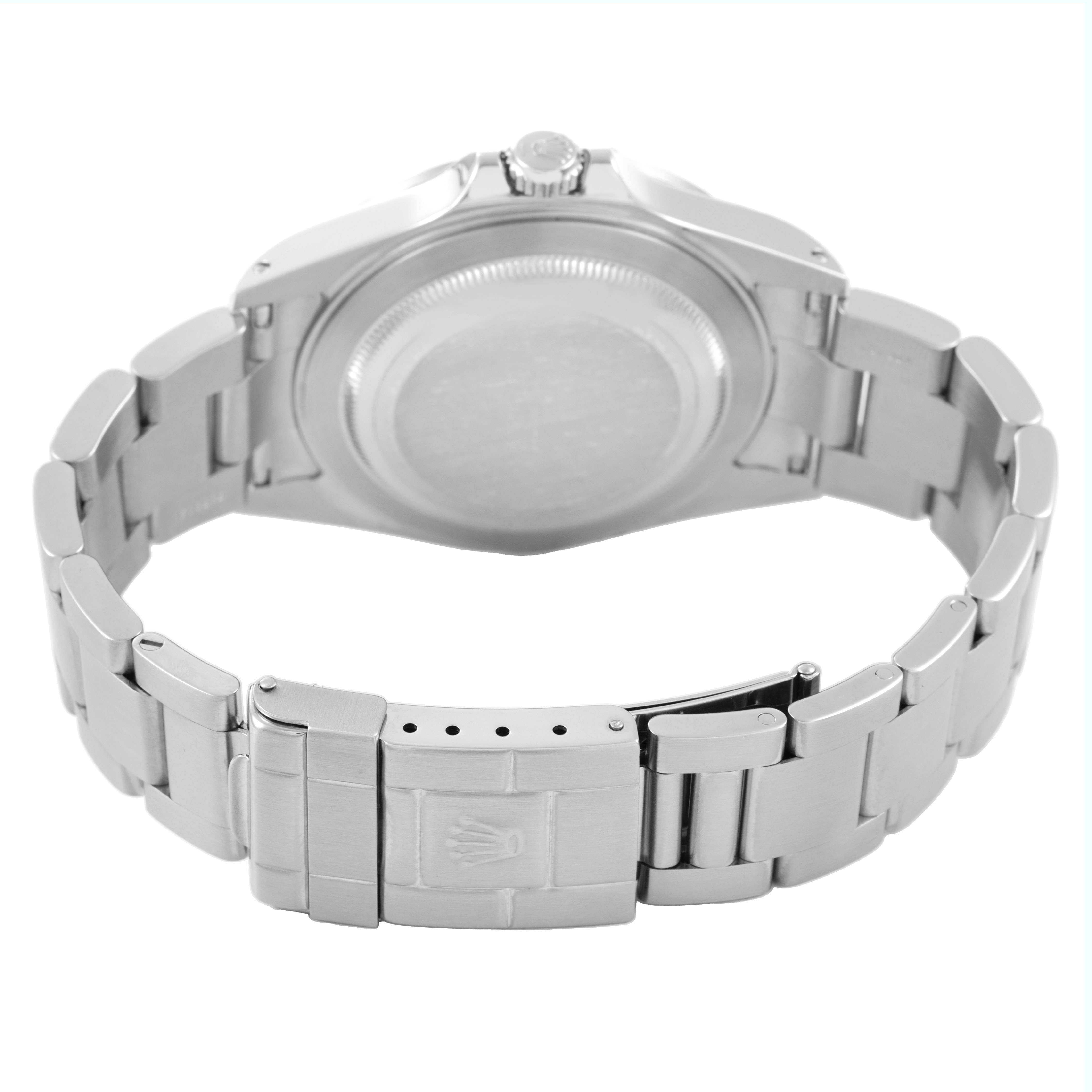 The image shows the back and clasp of a Rolex Explorer 16570 Men's Stainless Steel White Dial watch, highlighting the bracelet and case back.