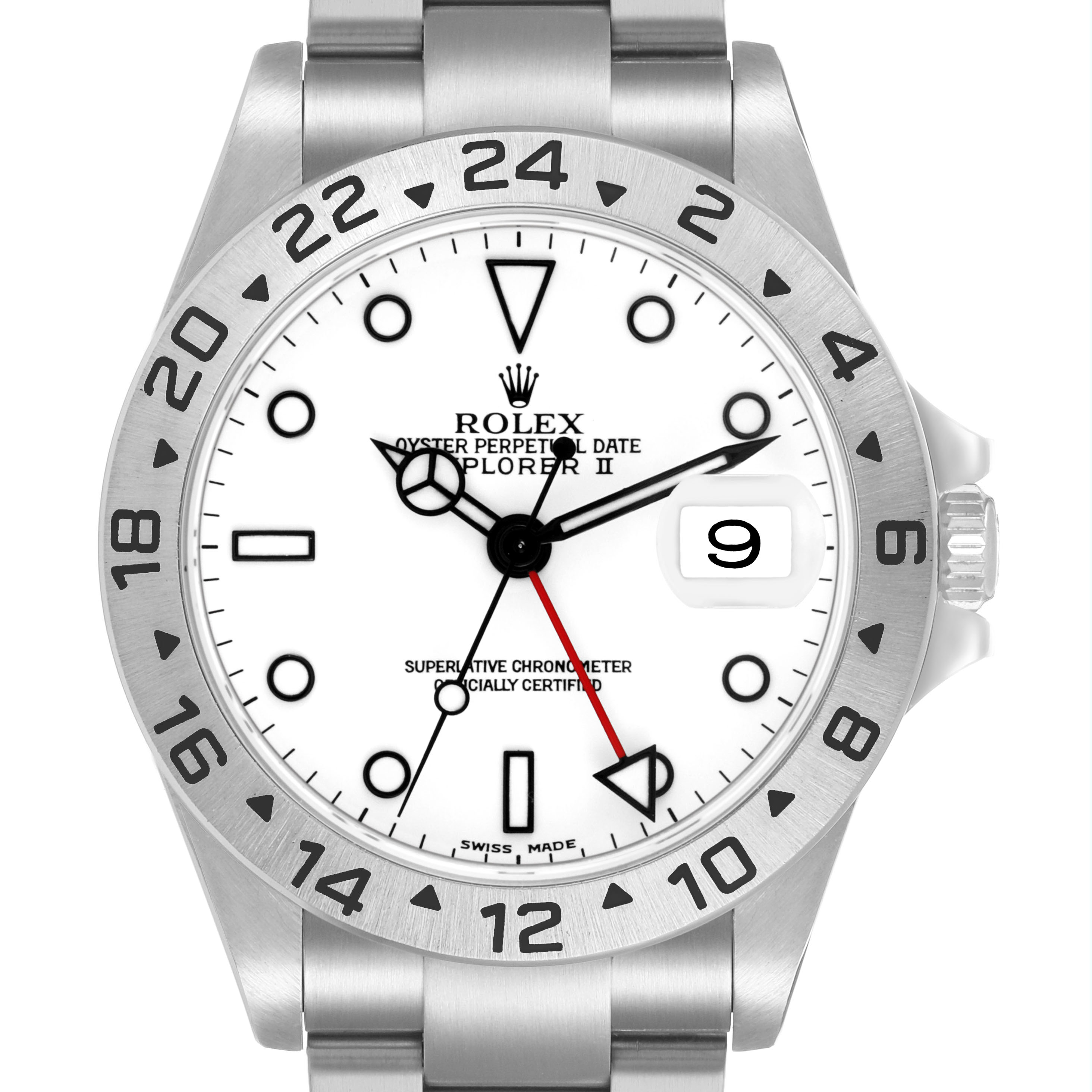 The Rolex Explorer 16570 Men's Stainless Steel White Dial II is shown from the front, displaying the dial, bezel, hands, date magnifier, crown, and bracelet.