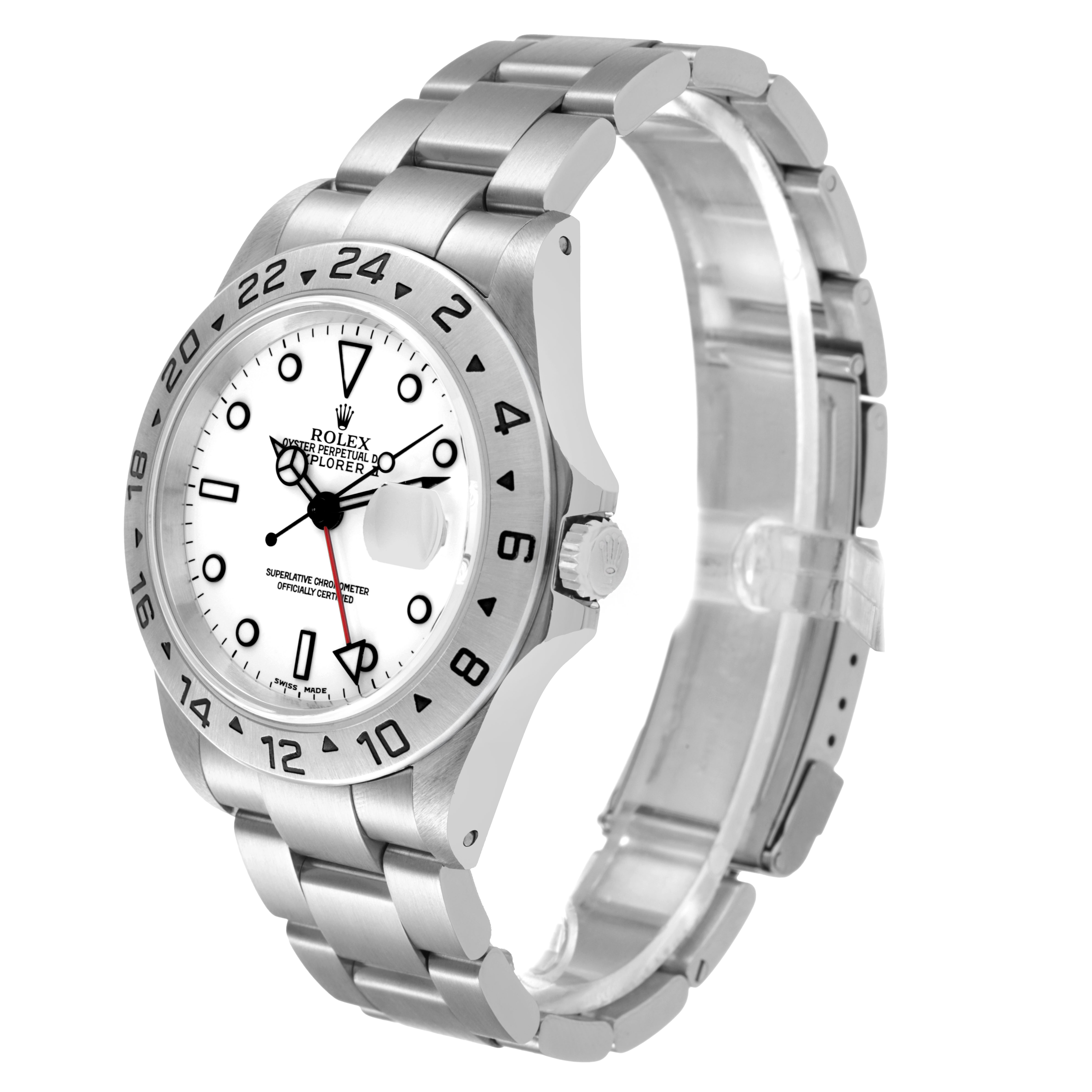 The Rolex Explorer 16570 Men's Stainless Steel White Dial watch is shown at a three-quarter angle, displaying the dial, bezel, and bracelet.