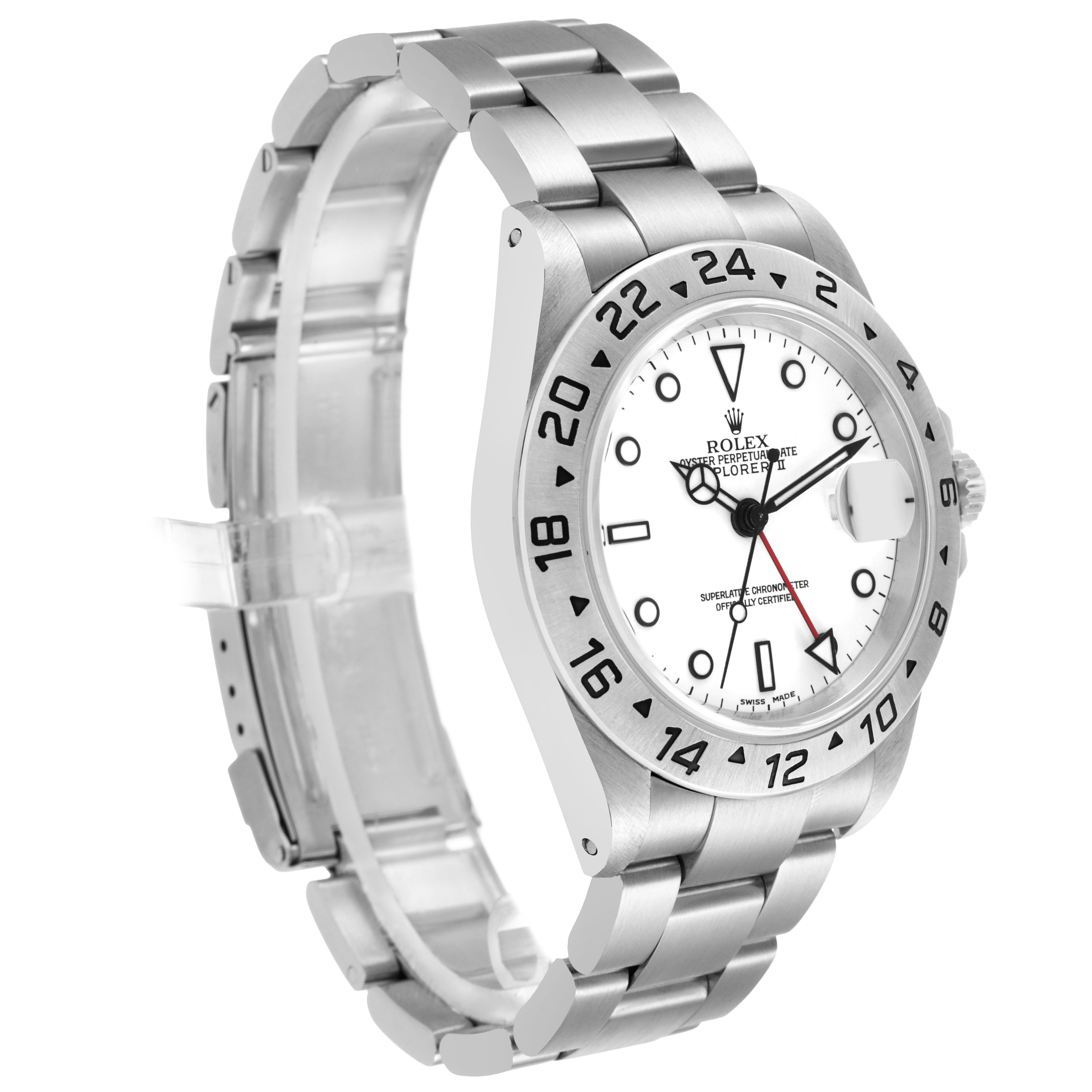 The image shows a Rolex Explorer 16570 Men's Stainless Steel White Dial model from a three-quarter angle, highlighting the face, bezel, bracelet, and crown.