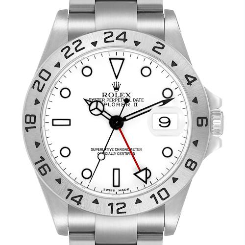 The Rolex Explorer 16570 Men's Stainless Steel White Dial II watch is shown from a front angle, displaying its dial, bezel, and bracelet.