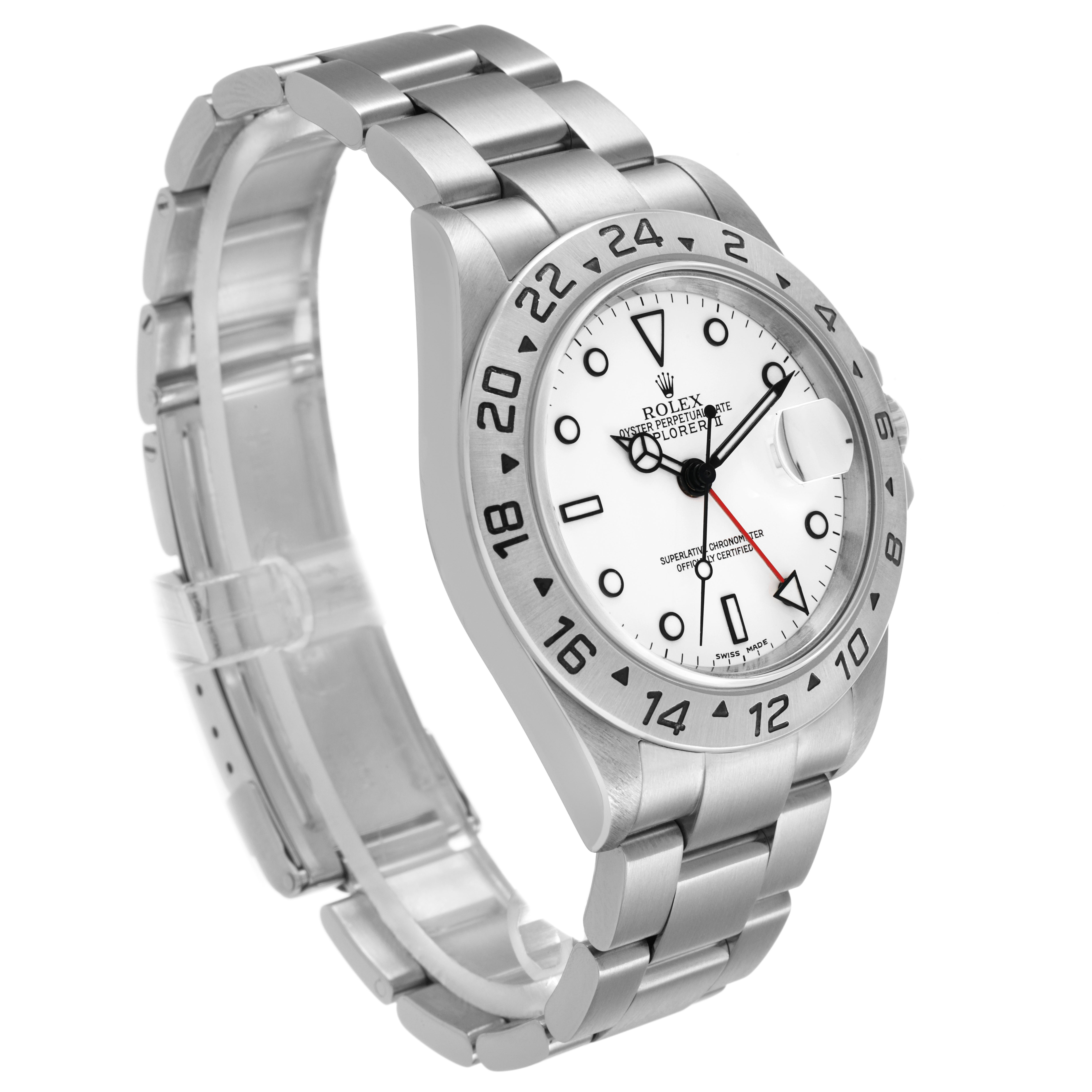 The Rolex Explorer 16570 Men's Stainless Steel White Dial watch is shown at a three-quarter angle, highlighting the face, bezel, and bracelet.