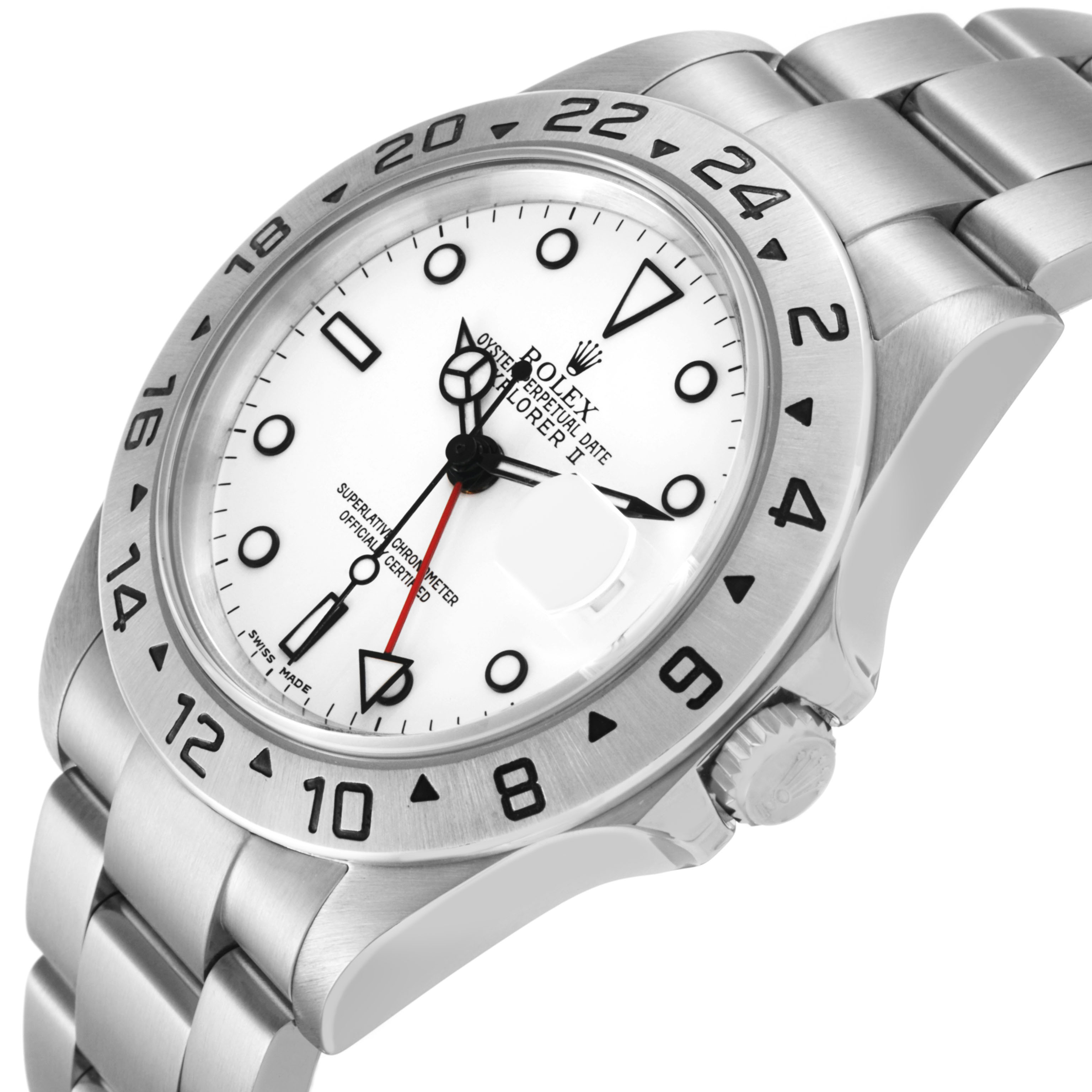 The image shows a Rolex Explorer 16570 Men's Stainless Steel White Dial II from a three-quarter angle, highlighting the face, bezel, crown, and part of the bracelet.