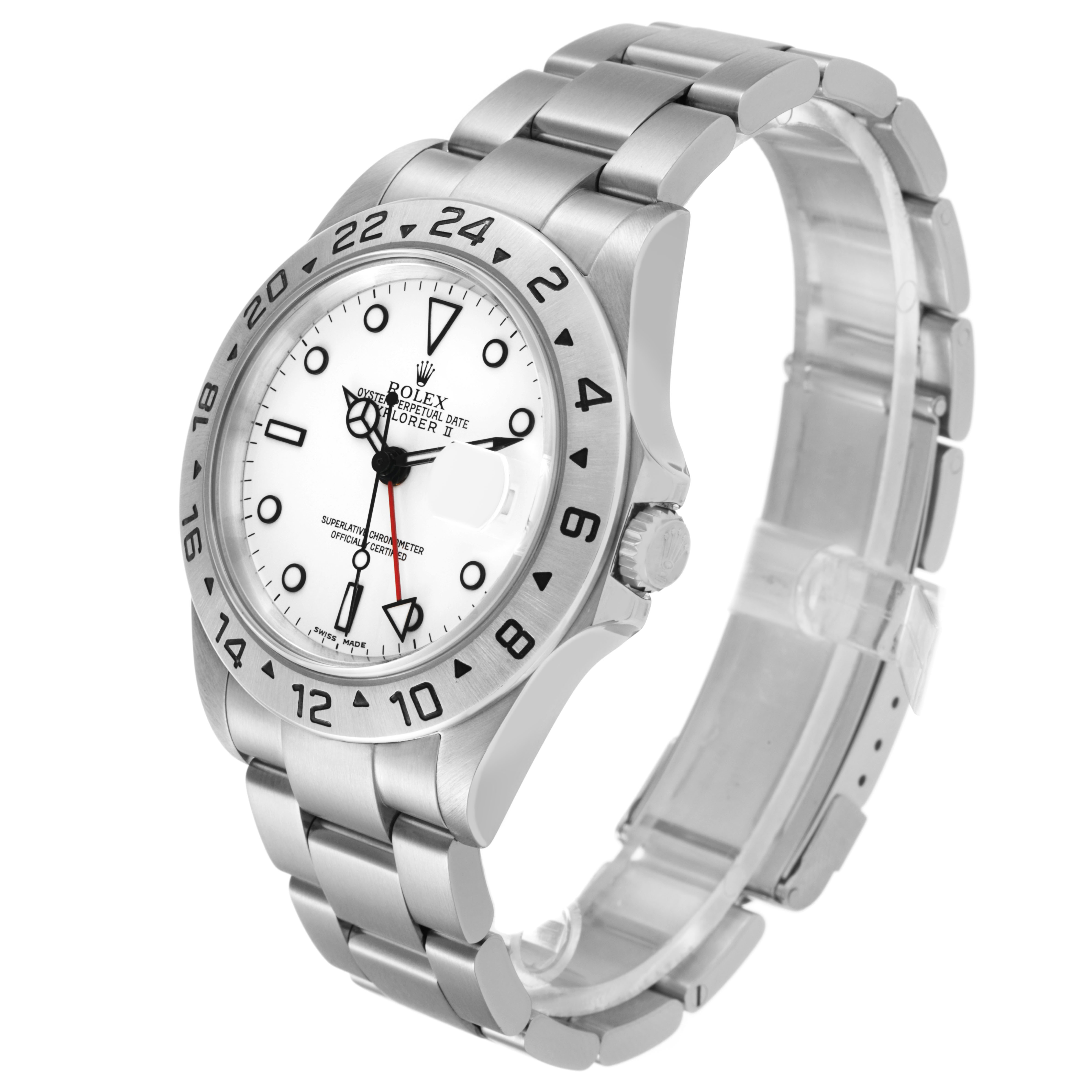 The Rolex Explorer 16570 Men's Stainless Steel White Dial model is shown at a three-quarter angle, highlighting the bezel, dial, crown, and bracelet.
