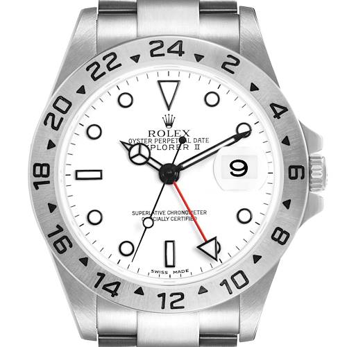 The Rolex Explorer 16570 Men's Stainless Steel White Dial II watch is shown head-on, displaying the dial, bezel, hands, date window, crown, and part of the bracelet.