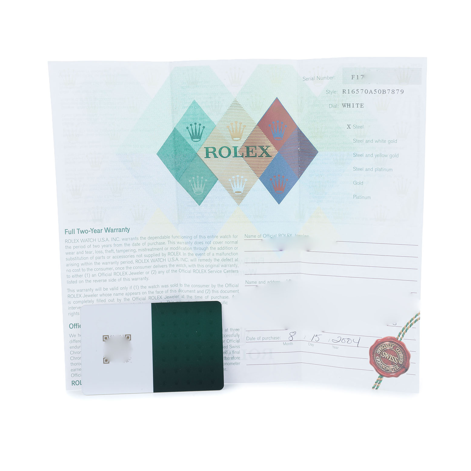 The image shows a Rolex Explorer 16570 Men's Stainless Steel White Dial warranty card and certification papers from a top-down angle.