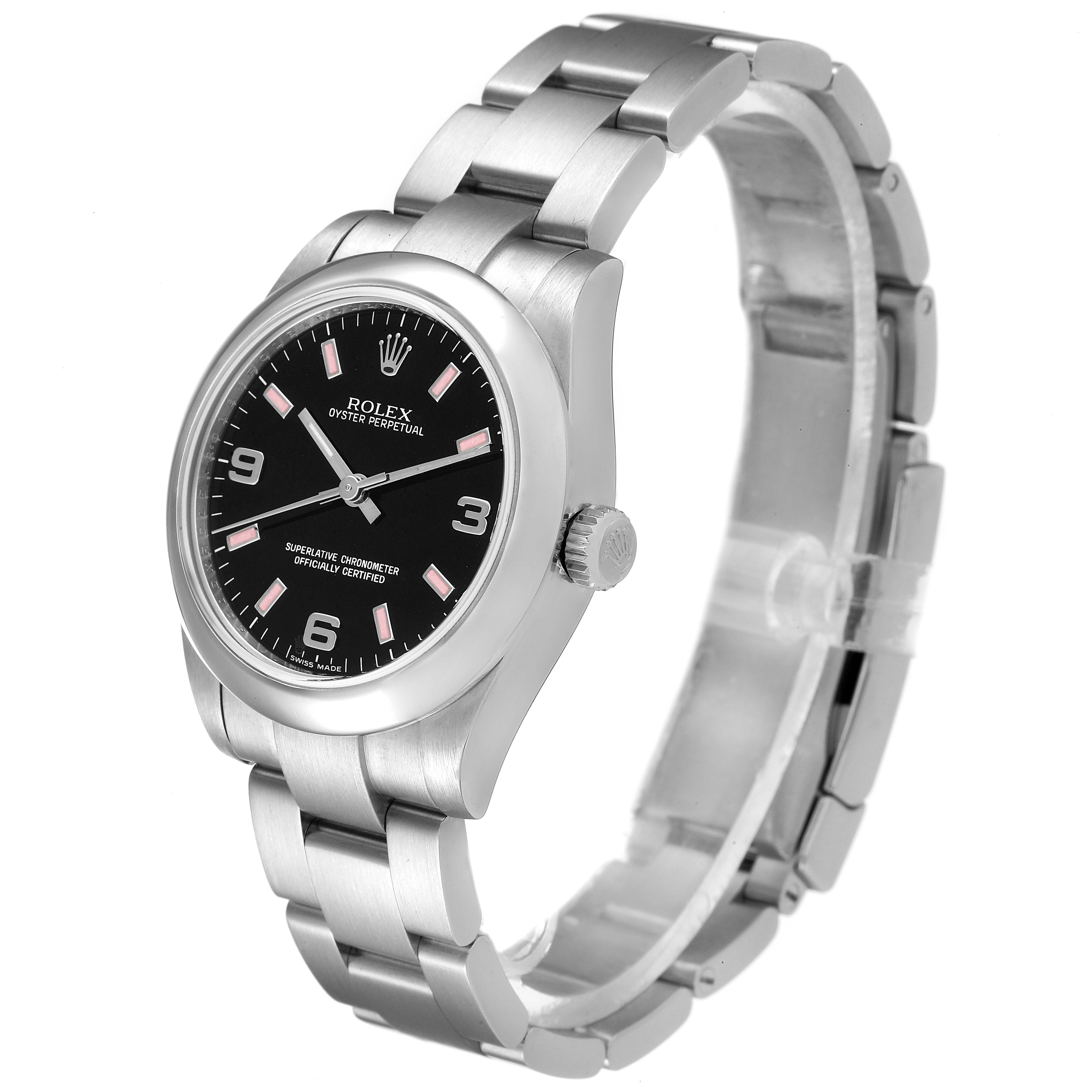 The Rolex Mid-Size 177200 Women
s Stainless Steel Black Dial 177200 Women
s Stainless Steel Black Dial model watch is shown from a three-quarter angle, displaying the face, crown, and bracelet.