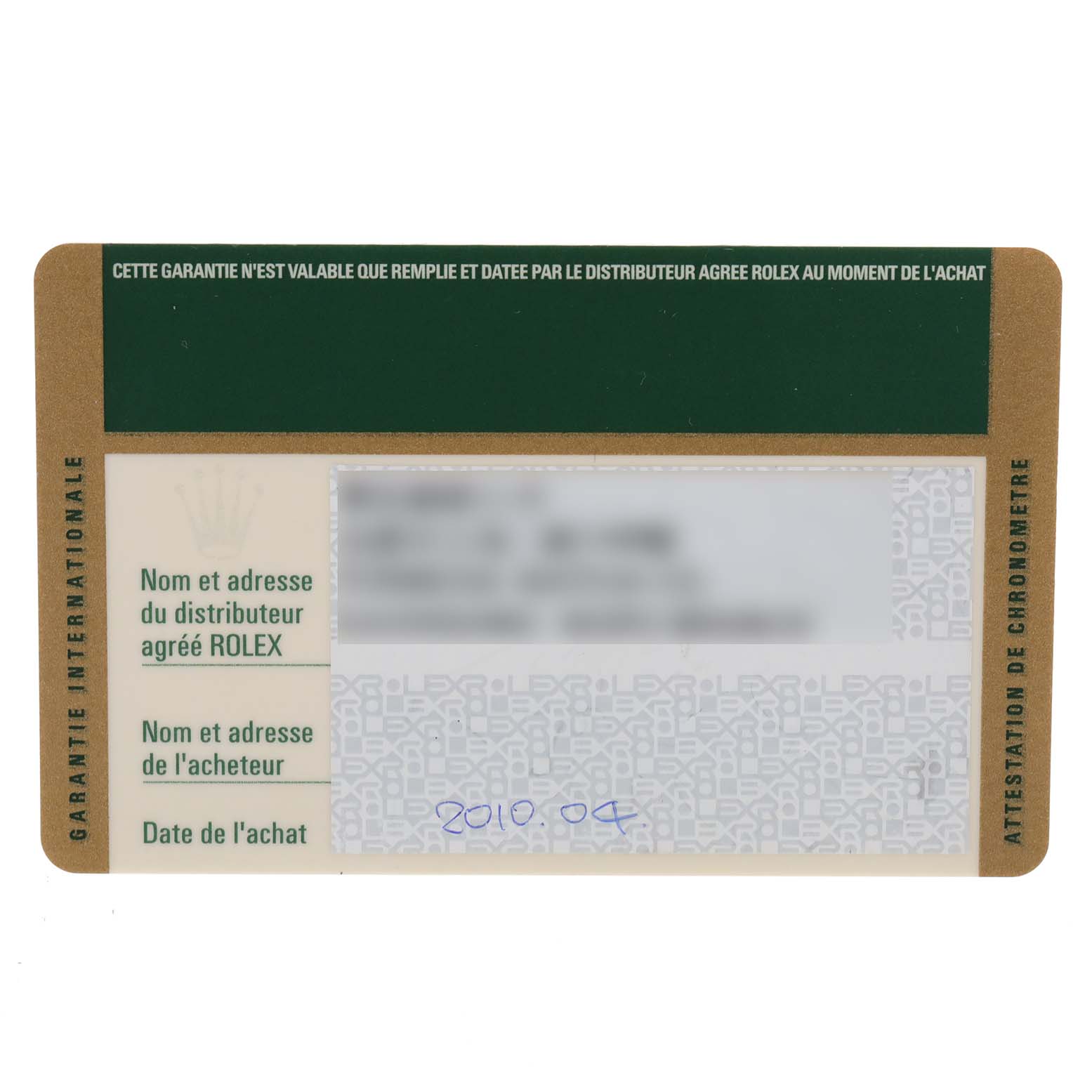 This image shows the international guarantee card for a Rolex Mid-Size 177200 Women
s Stainless Steel Black Dial 177200 Women
s Stainless Steel Black Dial model, viewed from the front.