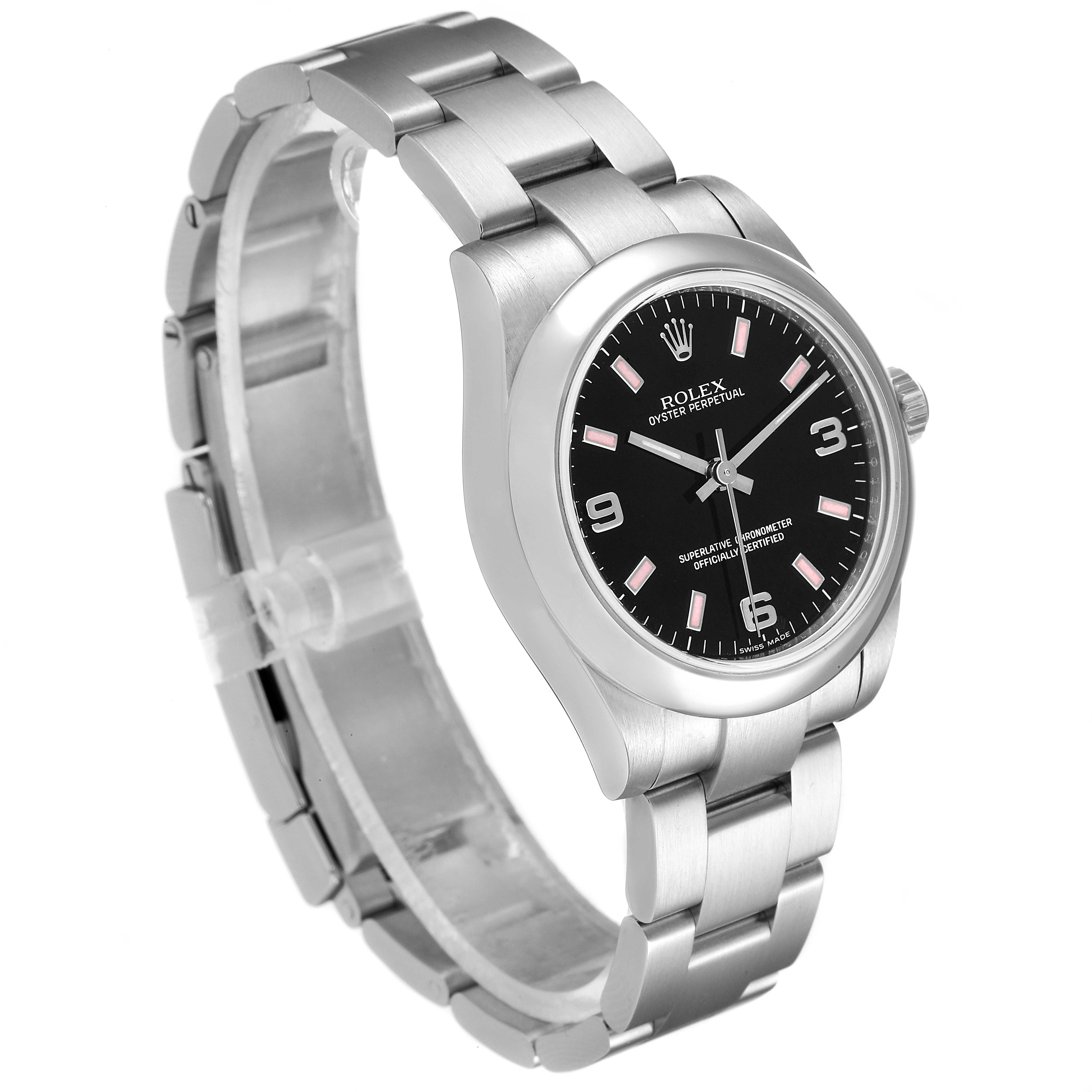 The Rolex Mid-Size 177200 Women
s Stainless Steel Black Dial 177200 Women
s Stainless Steel Black Dial model watch is shown at an oblique angle, highlighting its bracelet, bezel, and black dial.