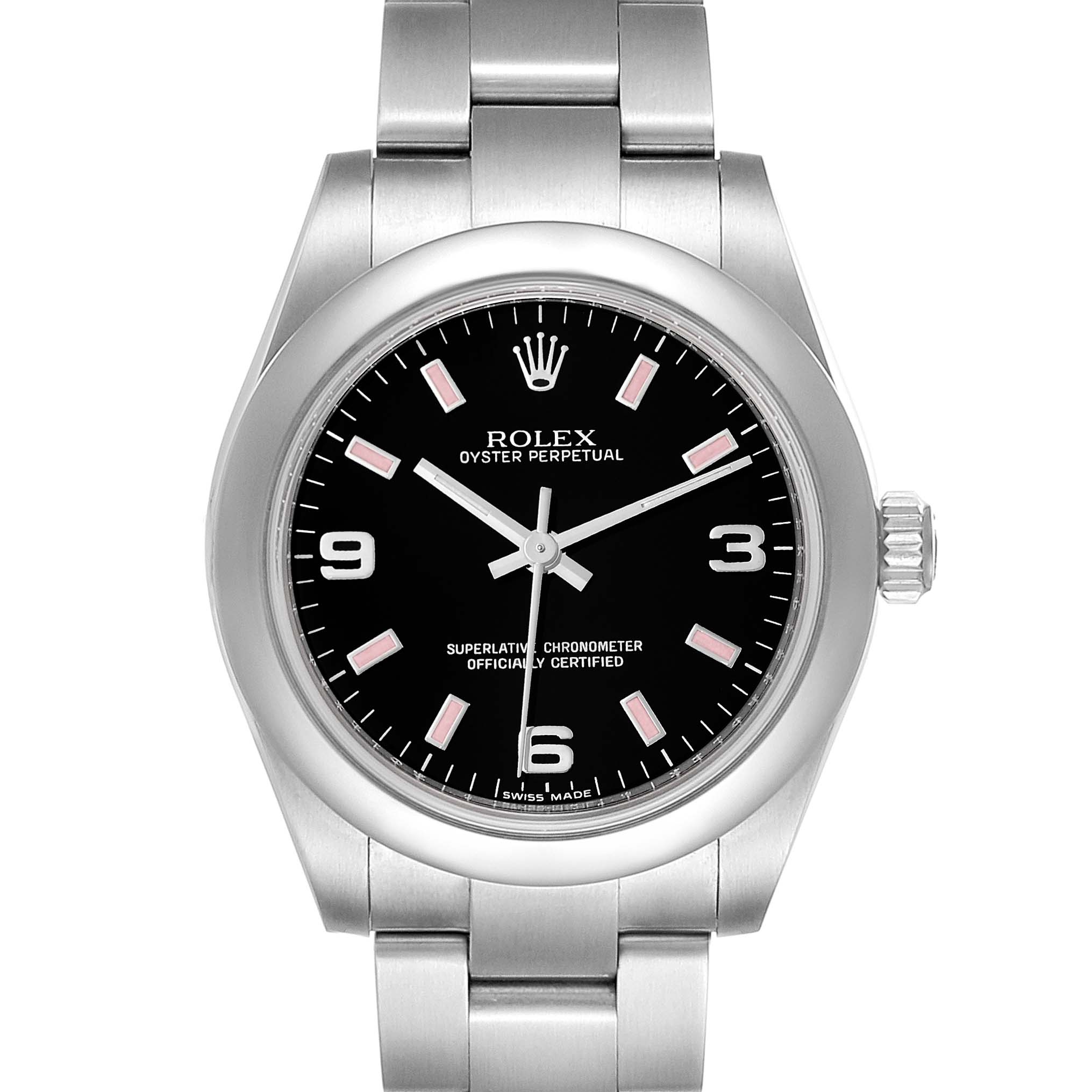 This Rolex Mid-Size 177200 Women
s Stainless Steel Black Dial 177200 Women
s Stainless Steel Black Dial Oyster Perpetual watch is shown from a front angle, displaying the face, bezel, crown, and part of the bracelet.