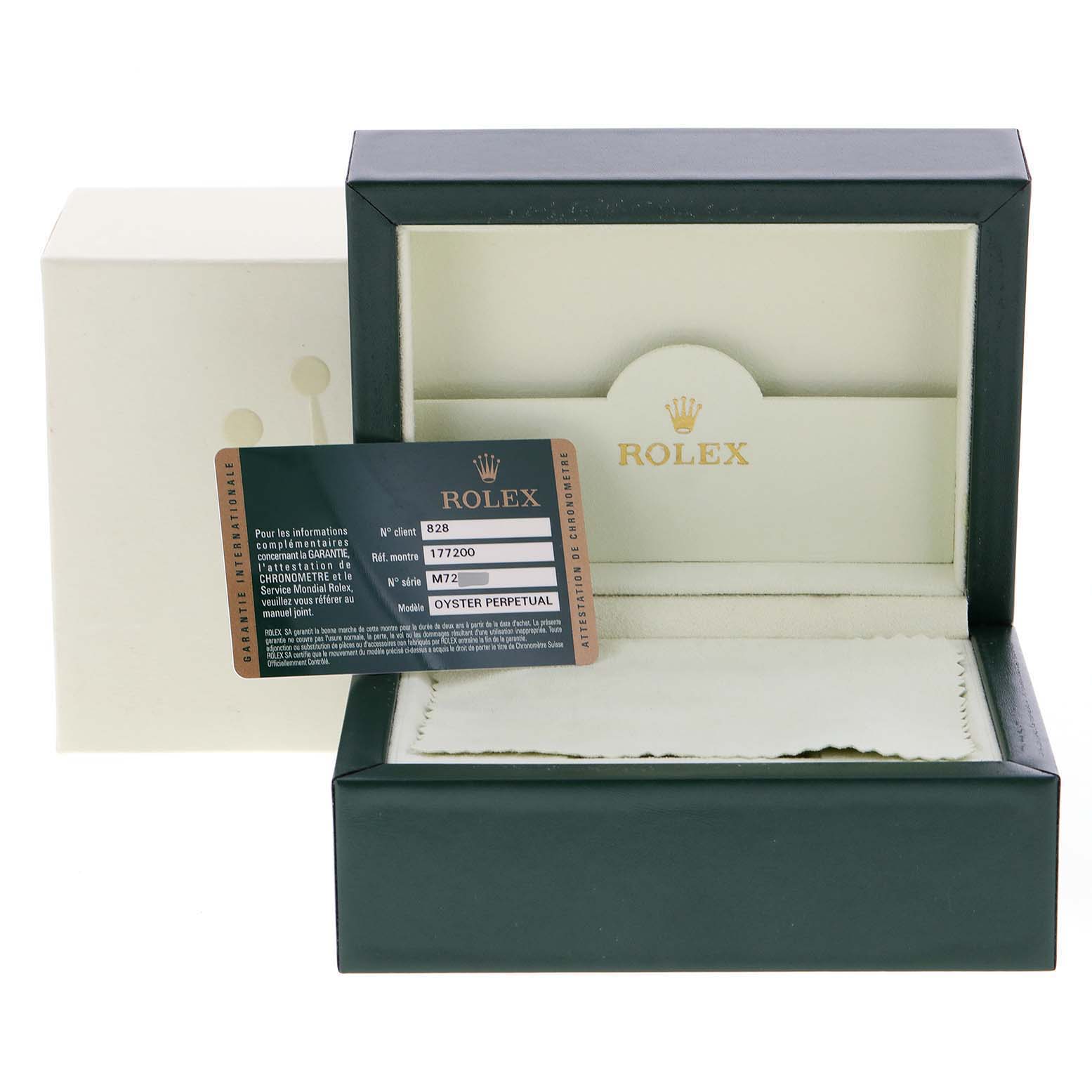 The image shows a Rolex Mid-Size 177200 Women
s Stainless Steel Black Dial 177200 Women
s Stainless Steel Black Dial watch box with the warranty card partially inserted into the case.