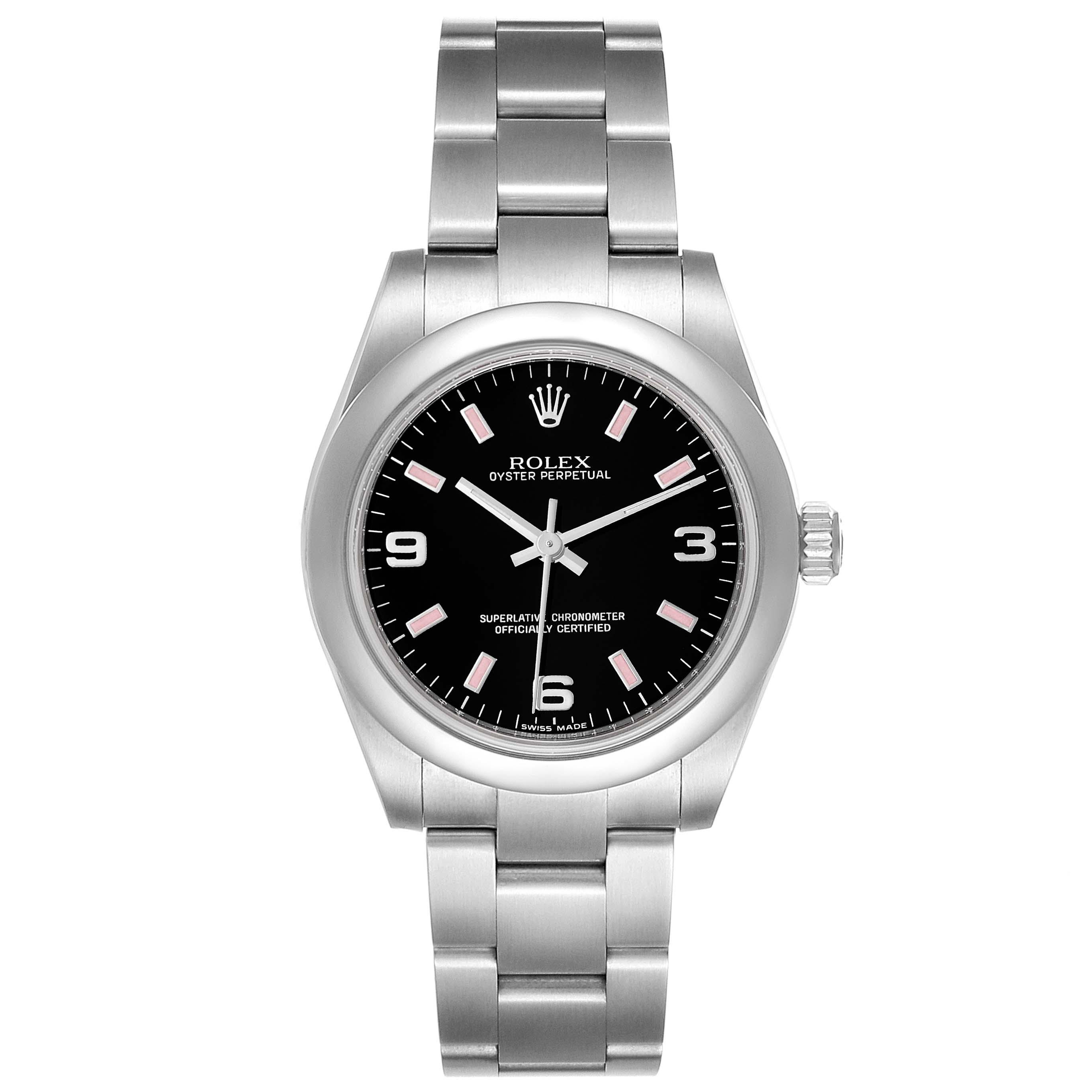 This image shows a front view of a Rolex Oyster Perpetual Mid-Size watch, featuring the face, bezel, crown, and bracelet.