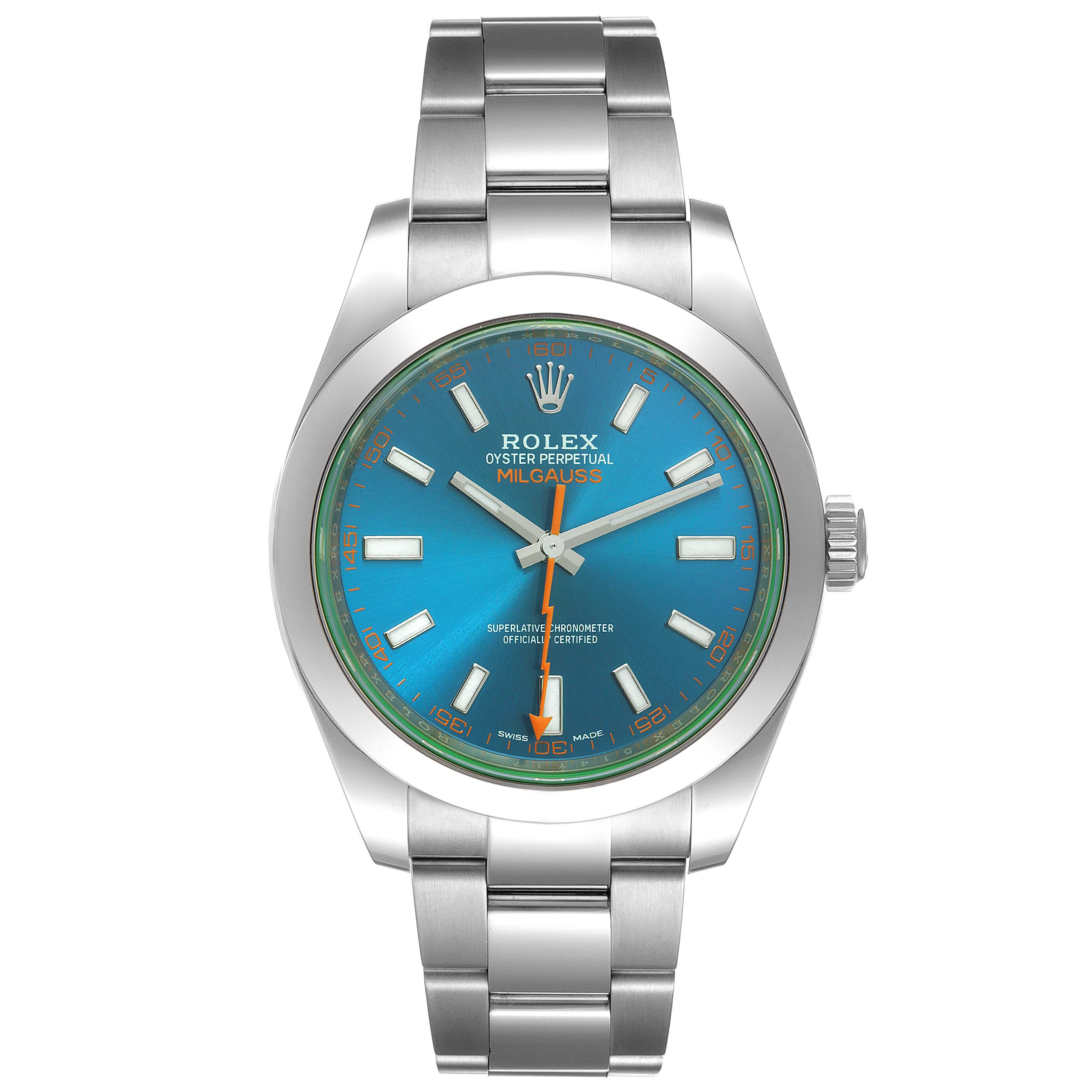 The image shows a front view of a Rolex Milgauss 116400GV Men's Stainless Steel Blue Dial 116400GV Men's Stainless Steel Blue Dial watch, highlighting its dial, bezel, and metal bracelet.
