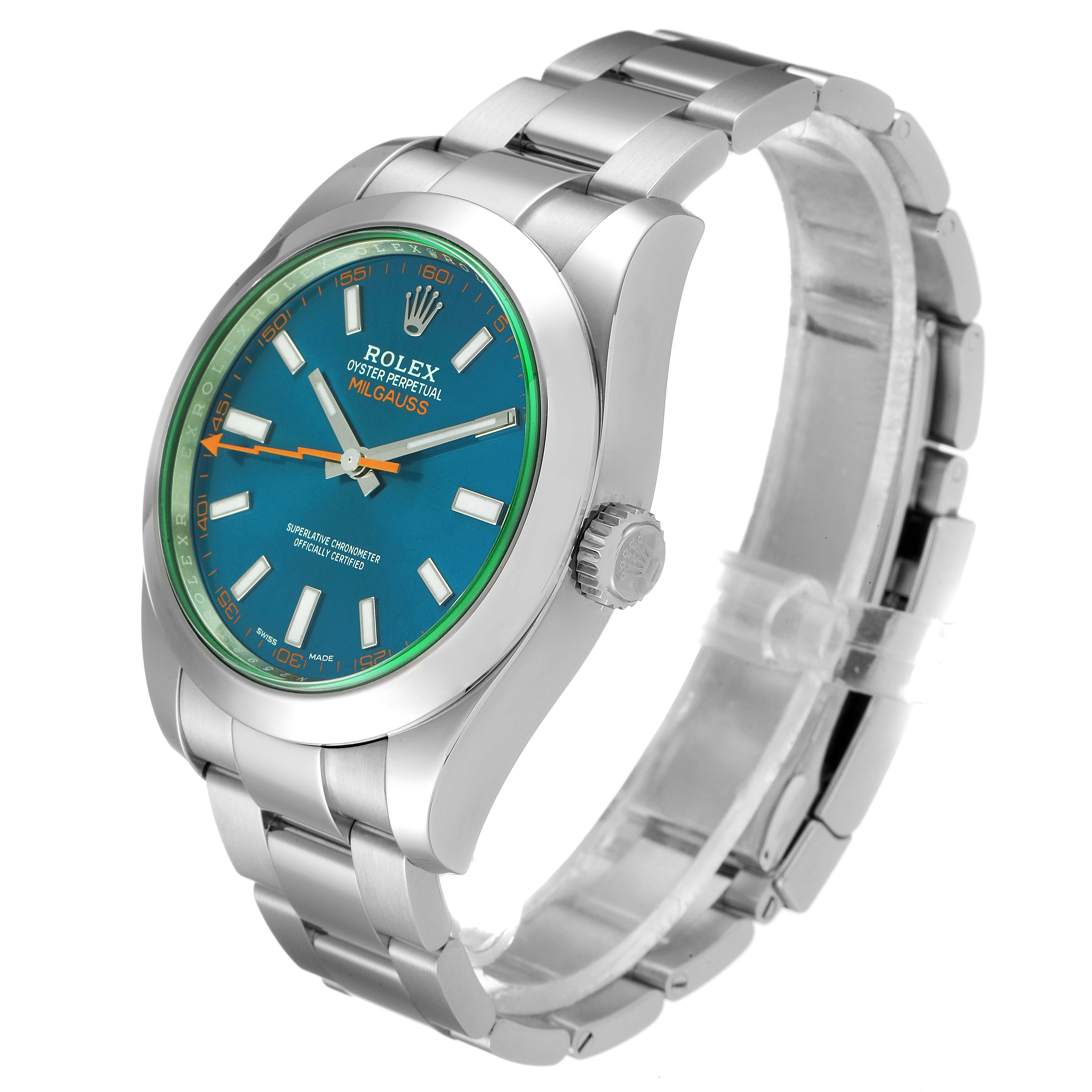The Rolex Milgauss 116400GV Men's Stainless Steel Blue Dial 116400GV Men's Stainless Steel Blue Dial watch is shown at a three-quarter angle, displaying the face, bezel, crown, and bracelet.