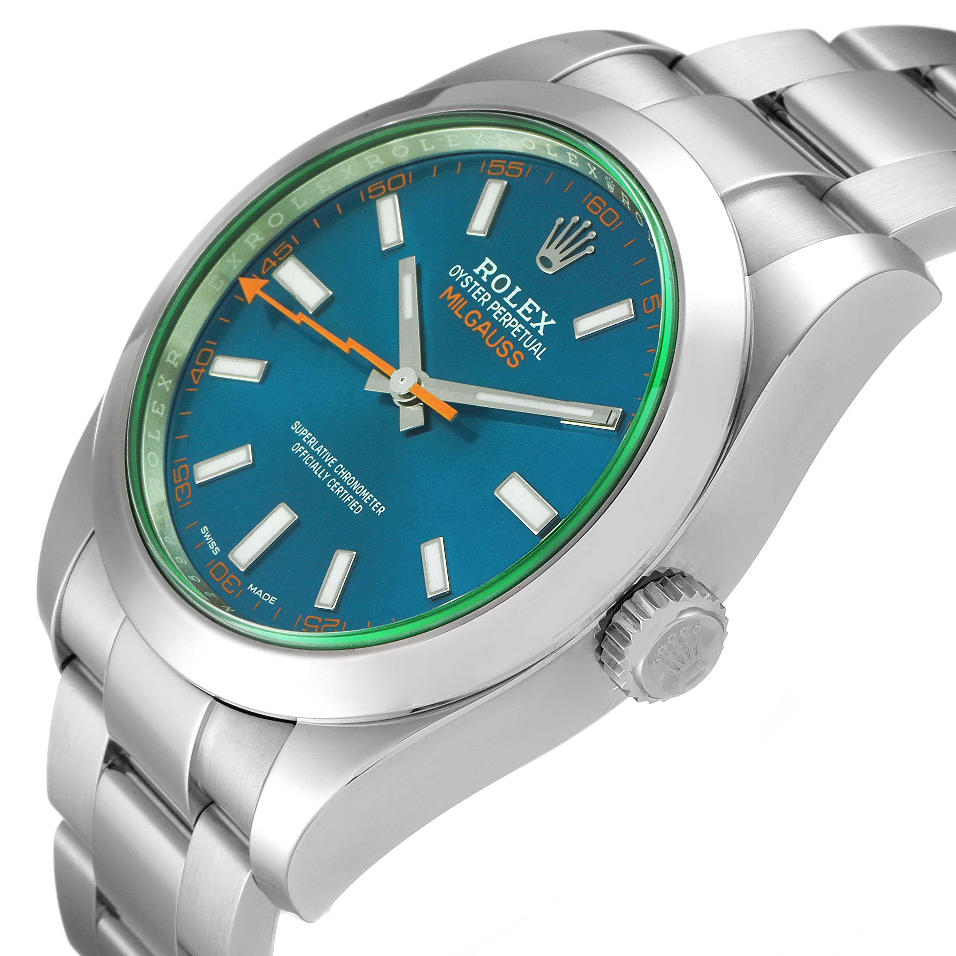 The image shows a Rolex Milgauss 116400GV Men's Stainless Steel Blue Dial 116400GV Men's Stainless Steel Blue Dial watch at an angled close-up, highlighting the blue dial, green bezel, crown, and part of the bracelet.