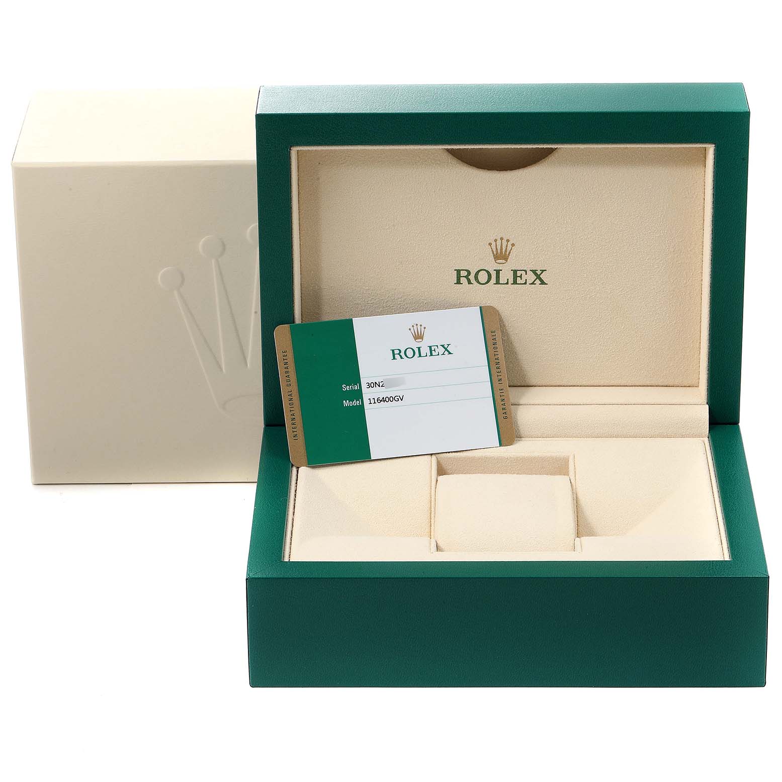 The image shows the open box, card, and packaging for a Rolex Milgauss 116400GV Men's Stainless Steel Blue Dial 116400GV Men's Stainless Steel Blue Dial model.
