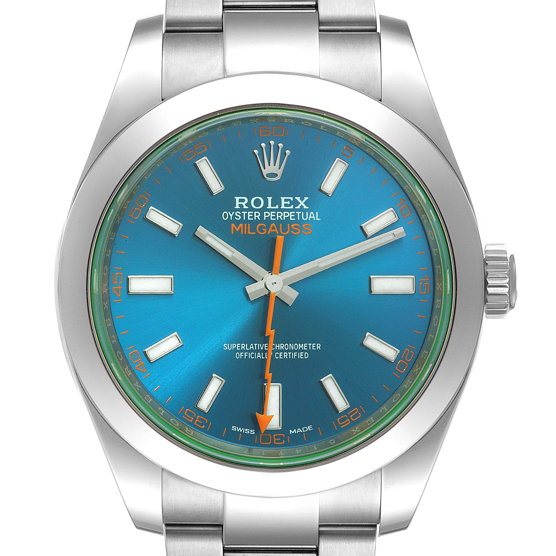 The image shows a front view of a Rolex Milgauss 116400GV Men's Stainless Steel Blue Dial 116400GV Men's Stainless Steel Blue Dial watch, highlighting its blue dial, orange second hand, and silver bracelet.