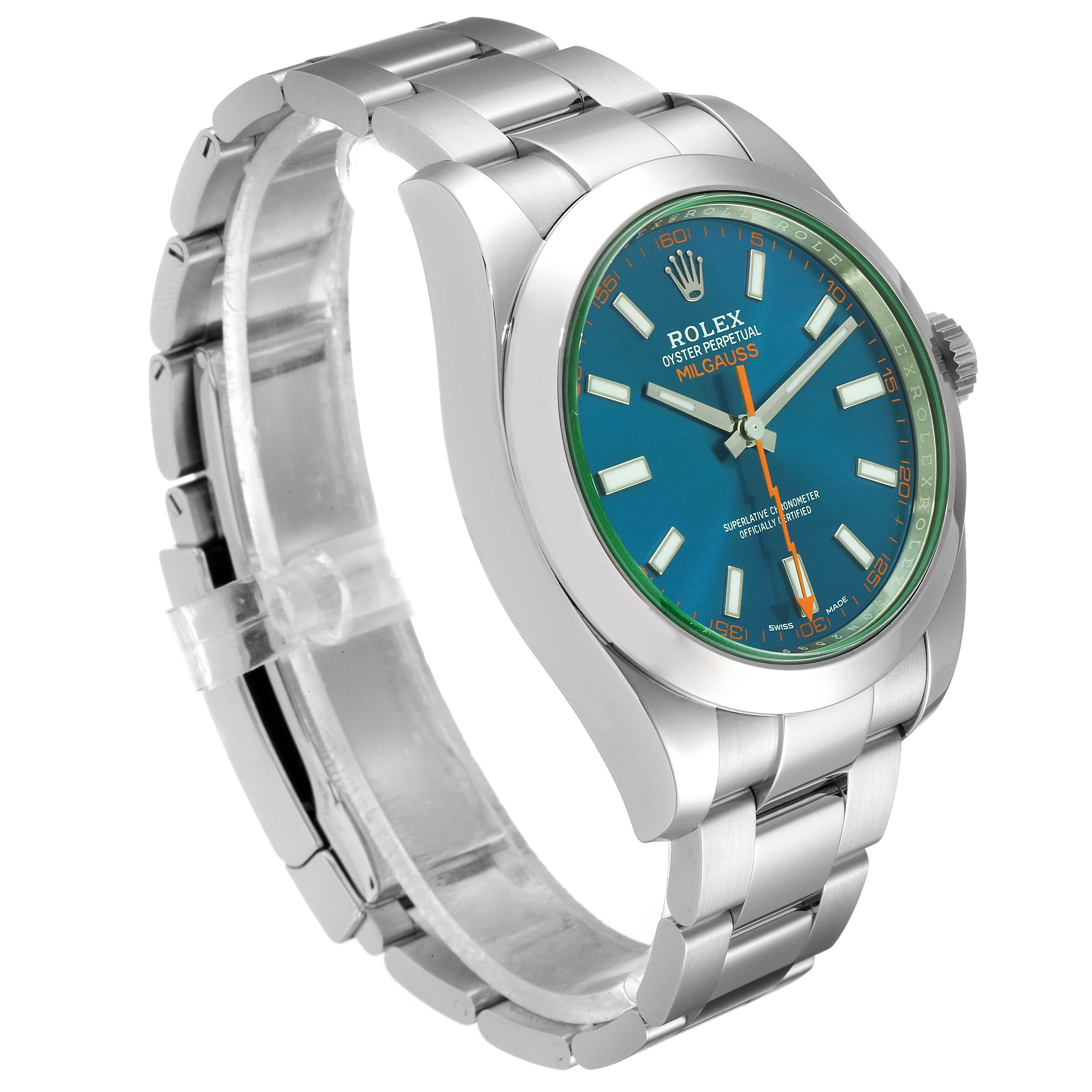The Rolex Milgauss 116400GV Men's Stainless Steel Blue Dial 116400GV Men's Stainless Steel Blue Dial watch is shown at an oblique angle, highlighting its blue dial, stainless steel bracelet, and green sapphire crystal.
