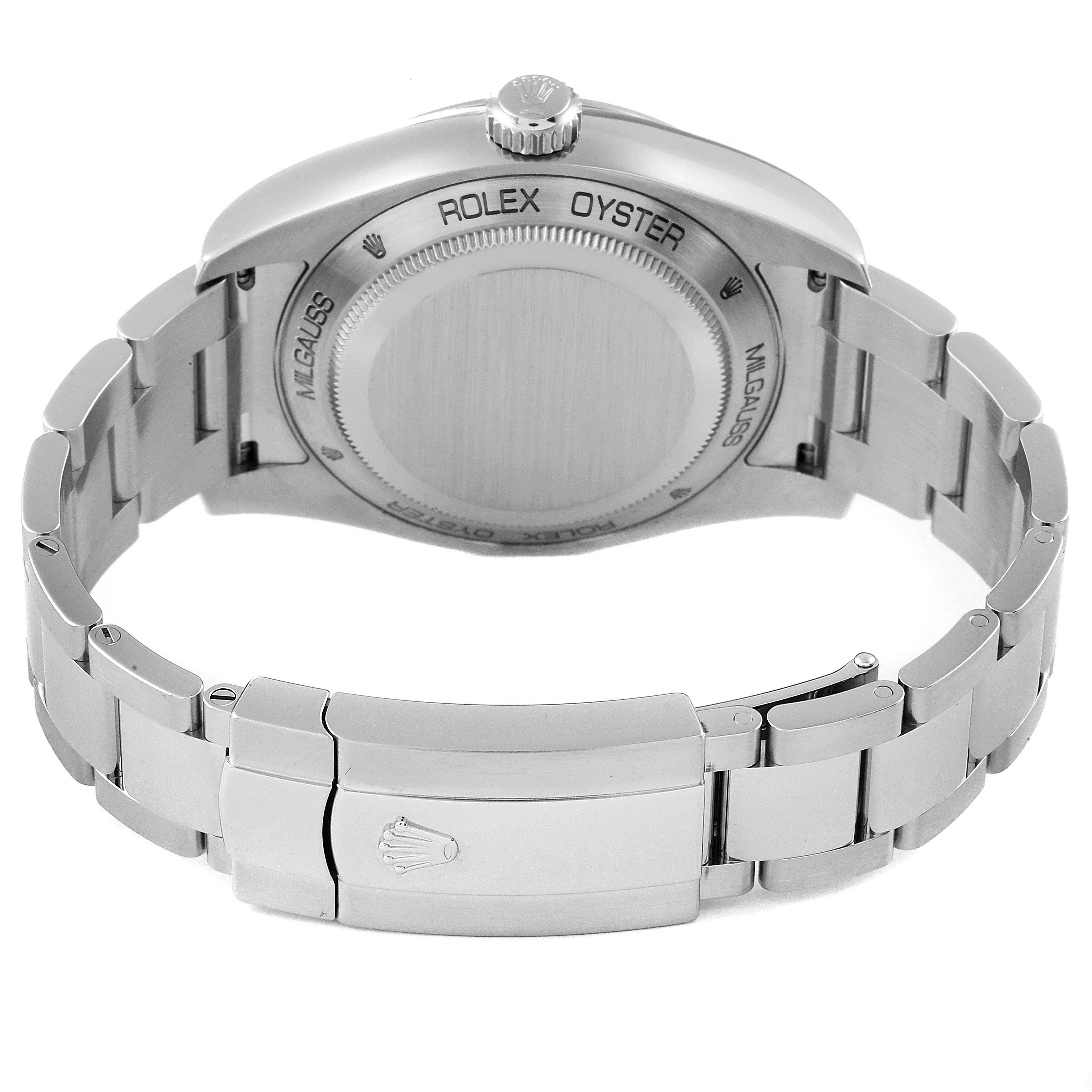 The image shows the back and bracelet clasp of a Rolex Milgauss 116400GV Men's Stainless Steel Blue Dial 116400GV Men's Stainless Steel Blue Dial watch from a rear angle.