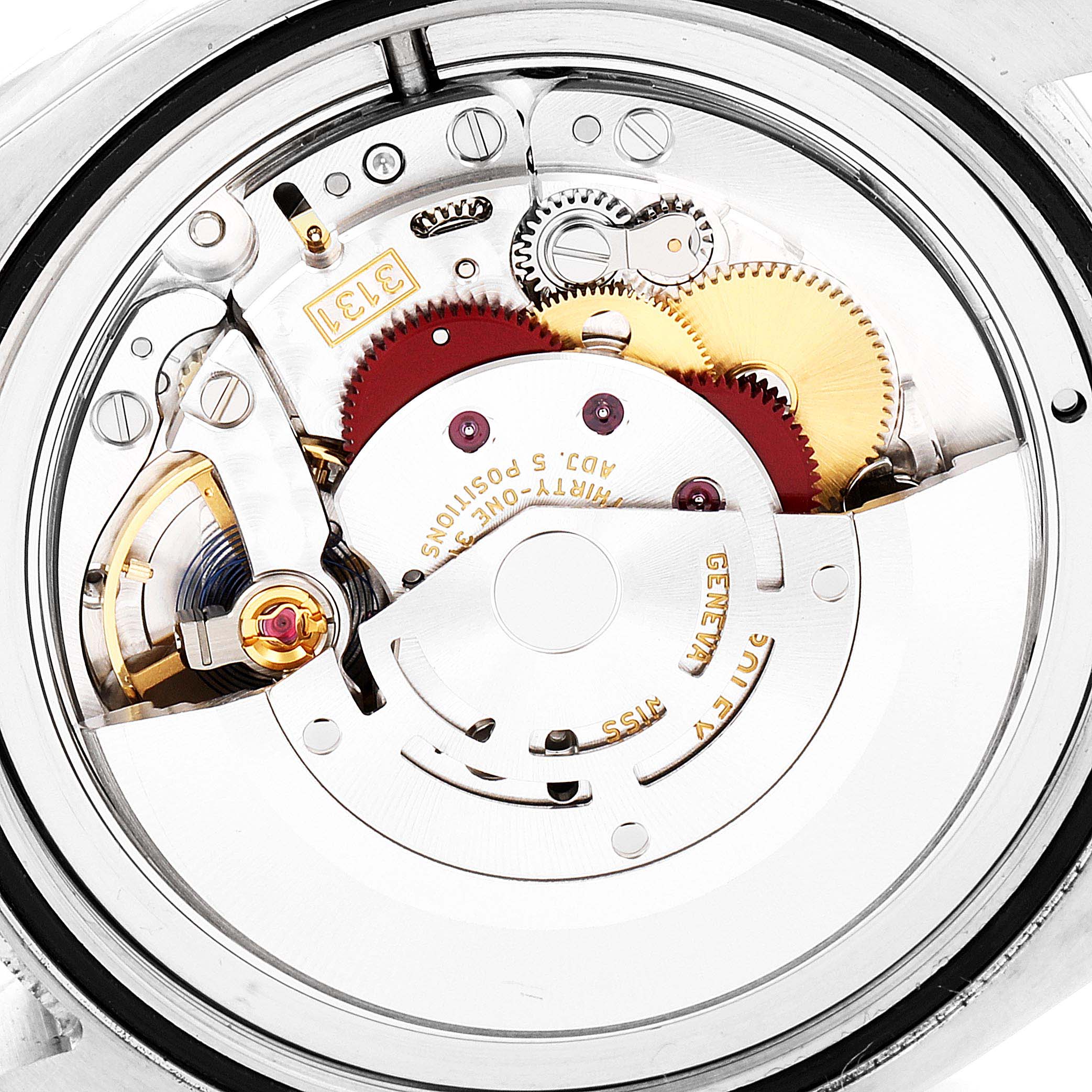 This image shows a detailed close-up of the internal mechanism of the Rolex Milgauss 116400GV Men's Stainless Steel Blue Dial 116400GV Men's Stainless Steel Blue Dial watch.