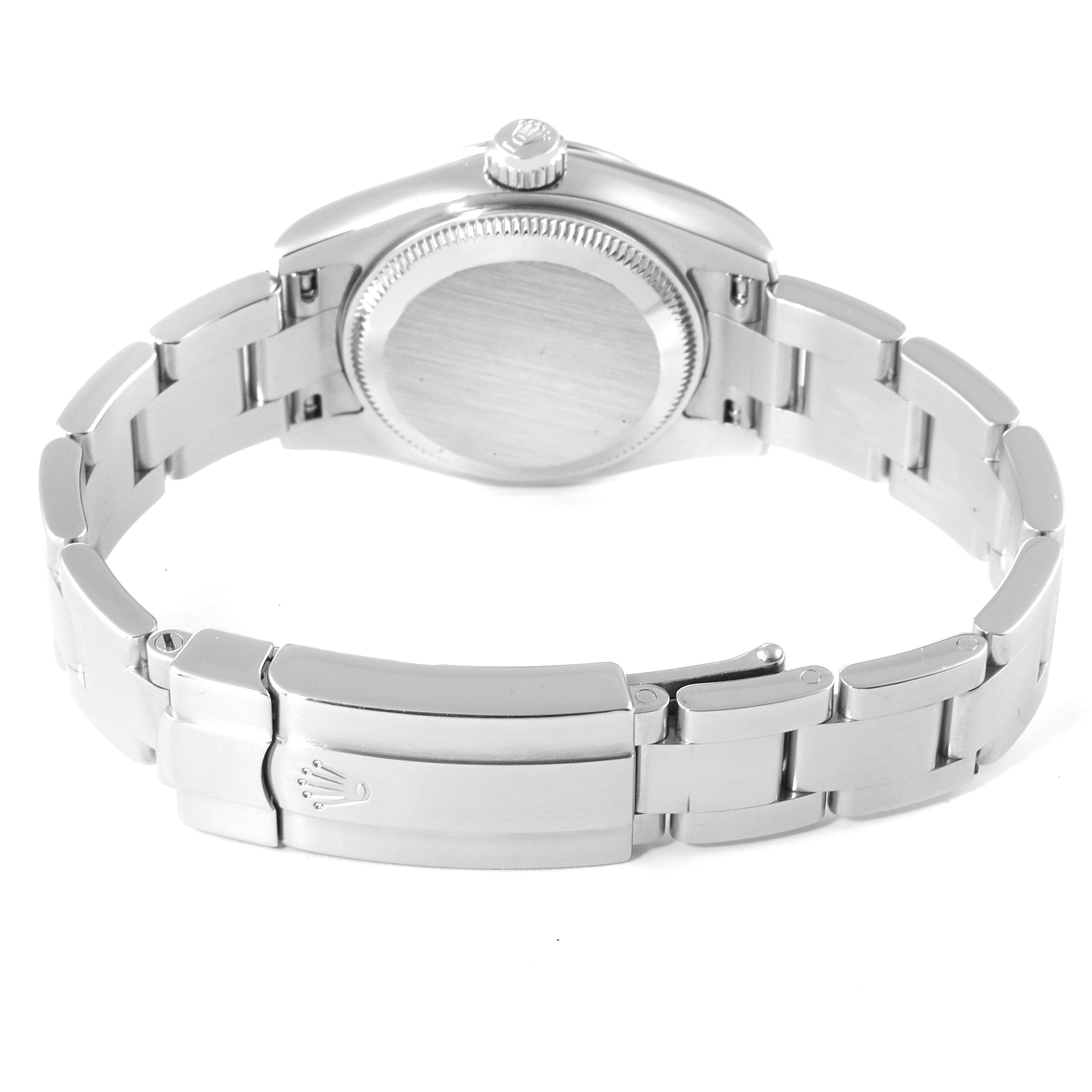 This image shows the back view of a Rolex Oyster Perpetual 176234 Women
s Stainless Steel Black Dial 176234 Women
s Stainless Steel Black Dial watch, focusing on the case back, crown, and bracelet.