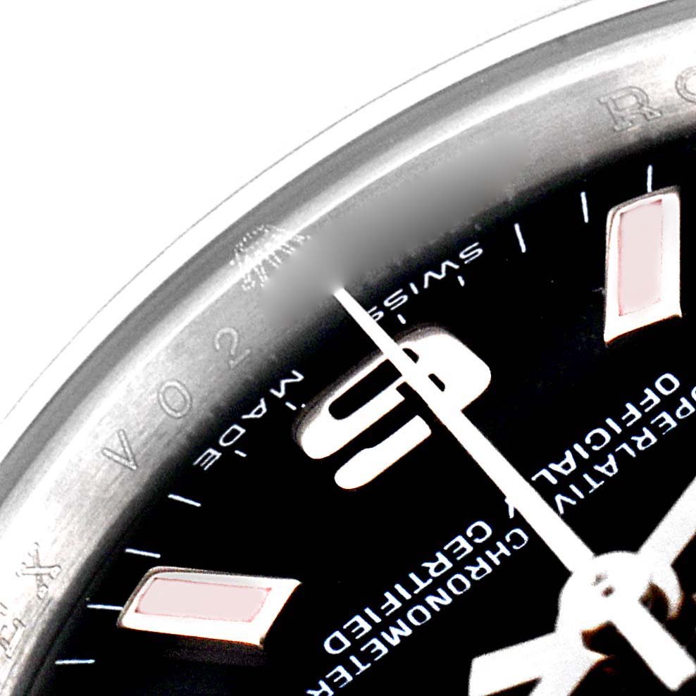 The image shows a close-up of the dial, minute hand, and part of the markings on the bezel of a Rolex Oyster Perpetual 176234 Women
s Stainless Steel Black Dial 176234 Women
s Stainless Steel Black Dial watch.