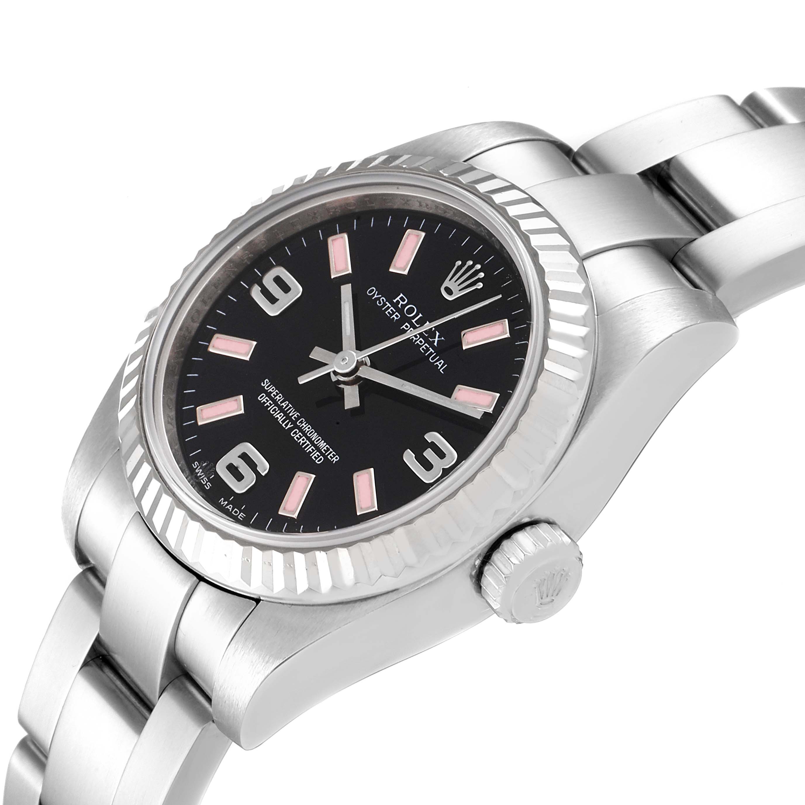The image shows a Rolex Oyster Perpetual 176234 Women
s Stainless Steel Black Dial 176234 Women
s Stainless Steel Black Dial watch at an angle, highlighting its dial, bezel, crown, and part of the bracelet.