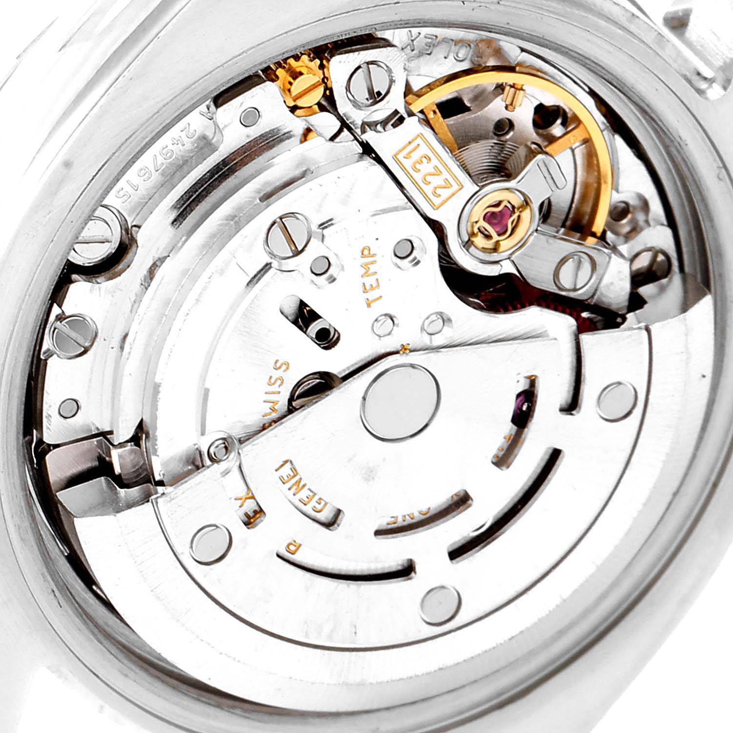 This is a close-up view of the internal mechanism of a Rolex Oyster Perpetual 176234 Women
s Stainless Steel Black Dial 176234 Women
s Stainless Steel Black Dial watch.