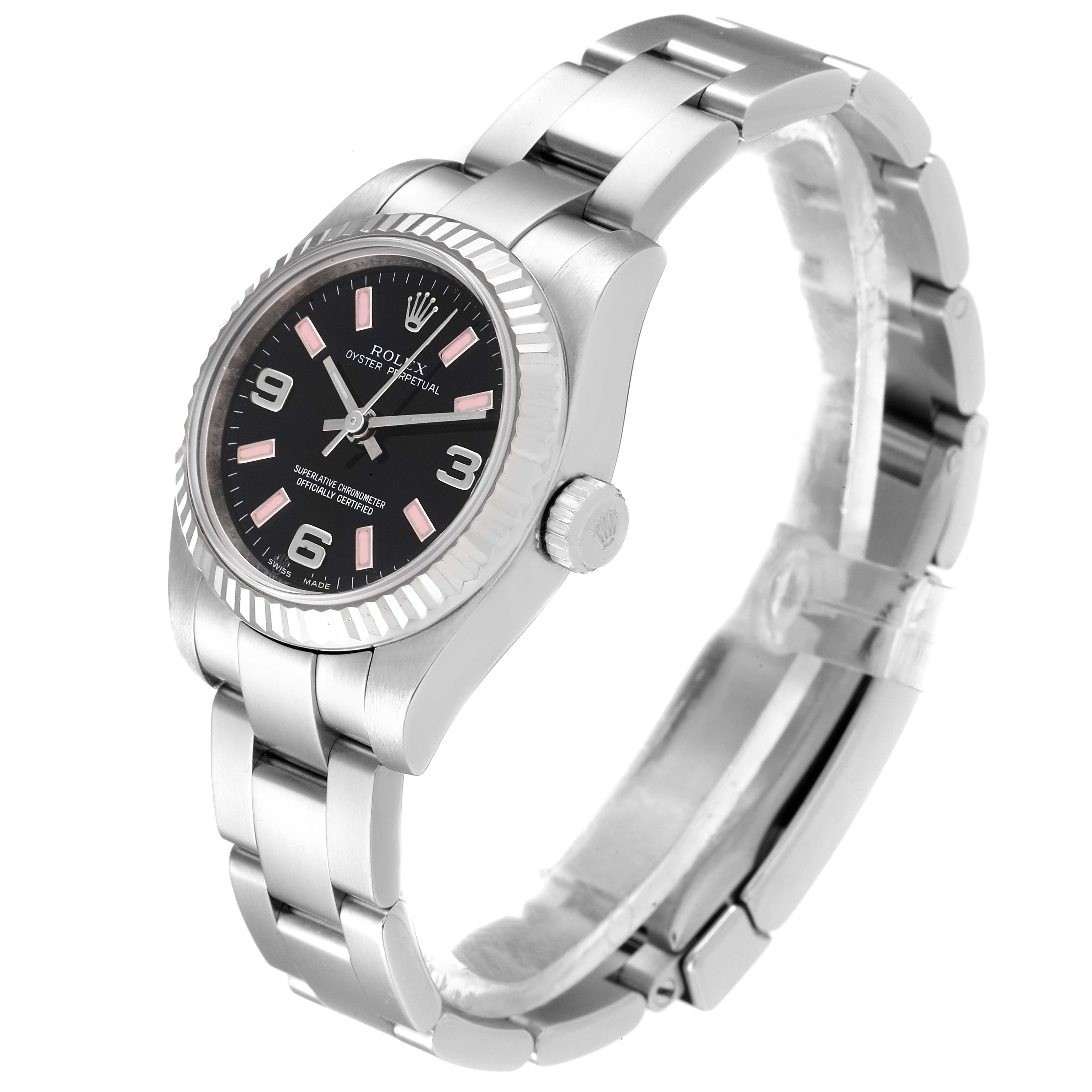 The image shows a Rolex Oyster Perpetual 176234 Women
s Stainless Steel Black Dial 176234 Women
s Stainless Steel Black Dial watch at a three-quarter angle, displaying the face, bezel, crown, and bracelet.