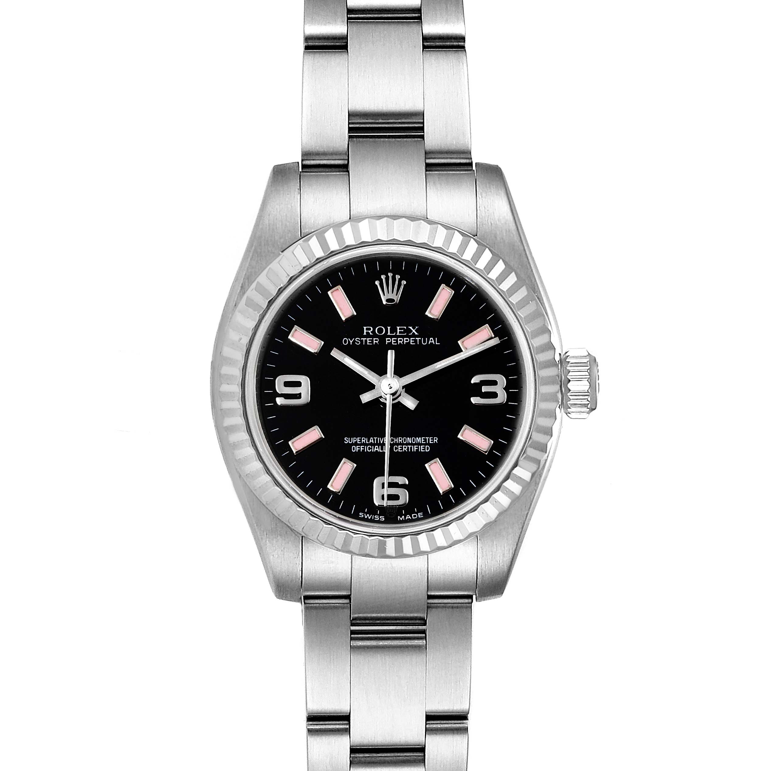 The image shows a front view of a Rolex Oyster Perpetual 176234 Women
s Stainless Steel Black Dial 176234 Women
s Stainless Steel Black Dial watch, highlighting its black dial, bracelet, and crown.