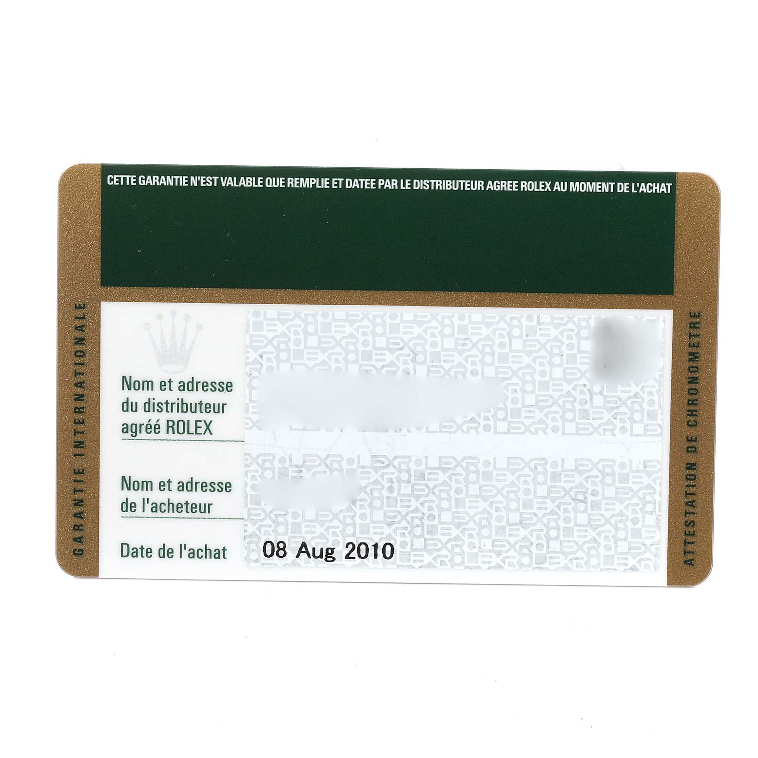 This image shows the warranty card for a Rolex Oyster Perpetual 176234 Women
s Stainless Steel Black Dial 176234 Women
s Stainless Steel Black Dial watch, featuring purchase details and dealer information.