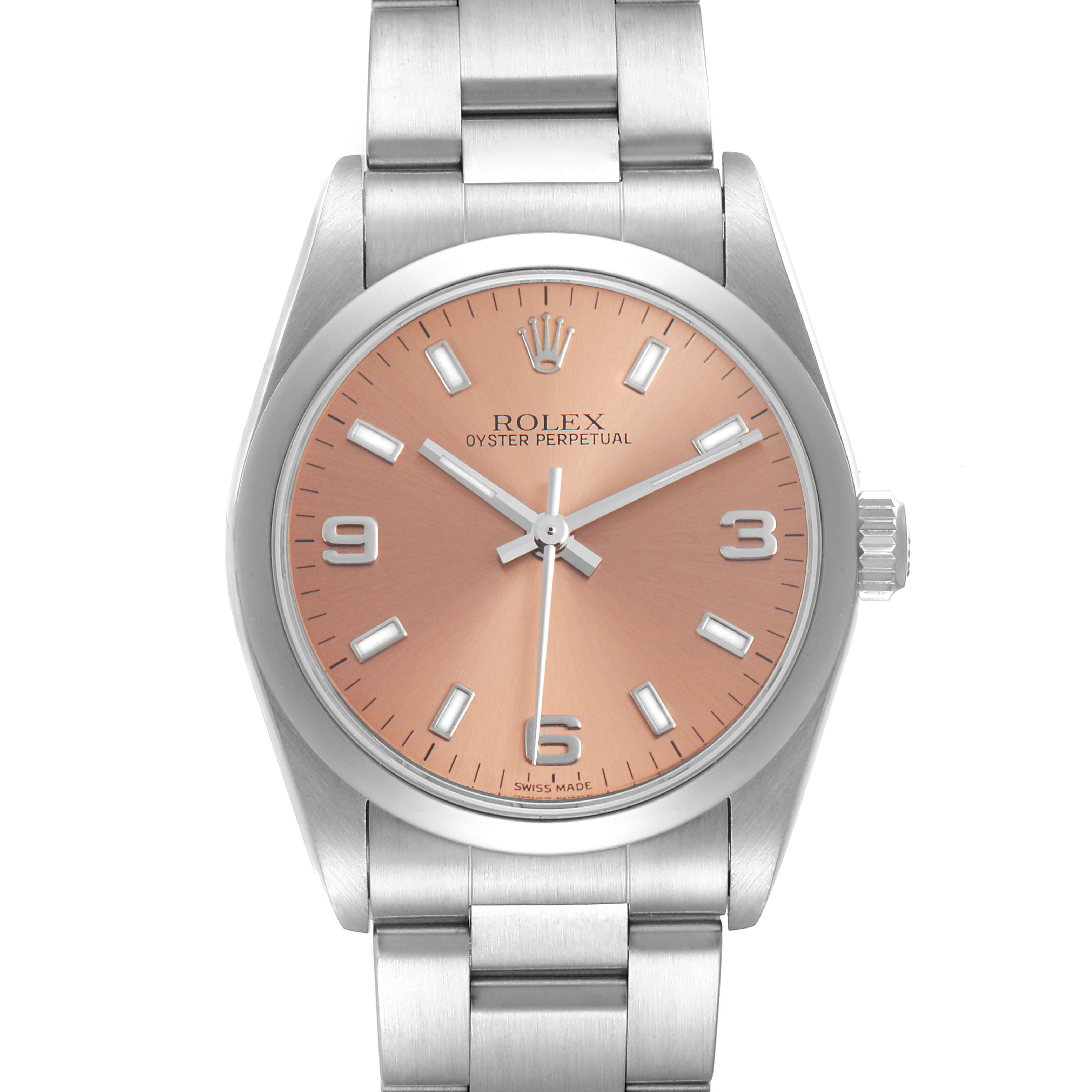 The Rolex Oyster Perpetual 77080 Women's Stainless Steel Pink Dial watch is shown from a front angle, displaying the dial, case, and bracelet.