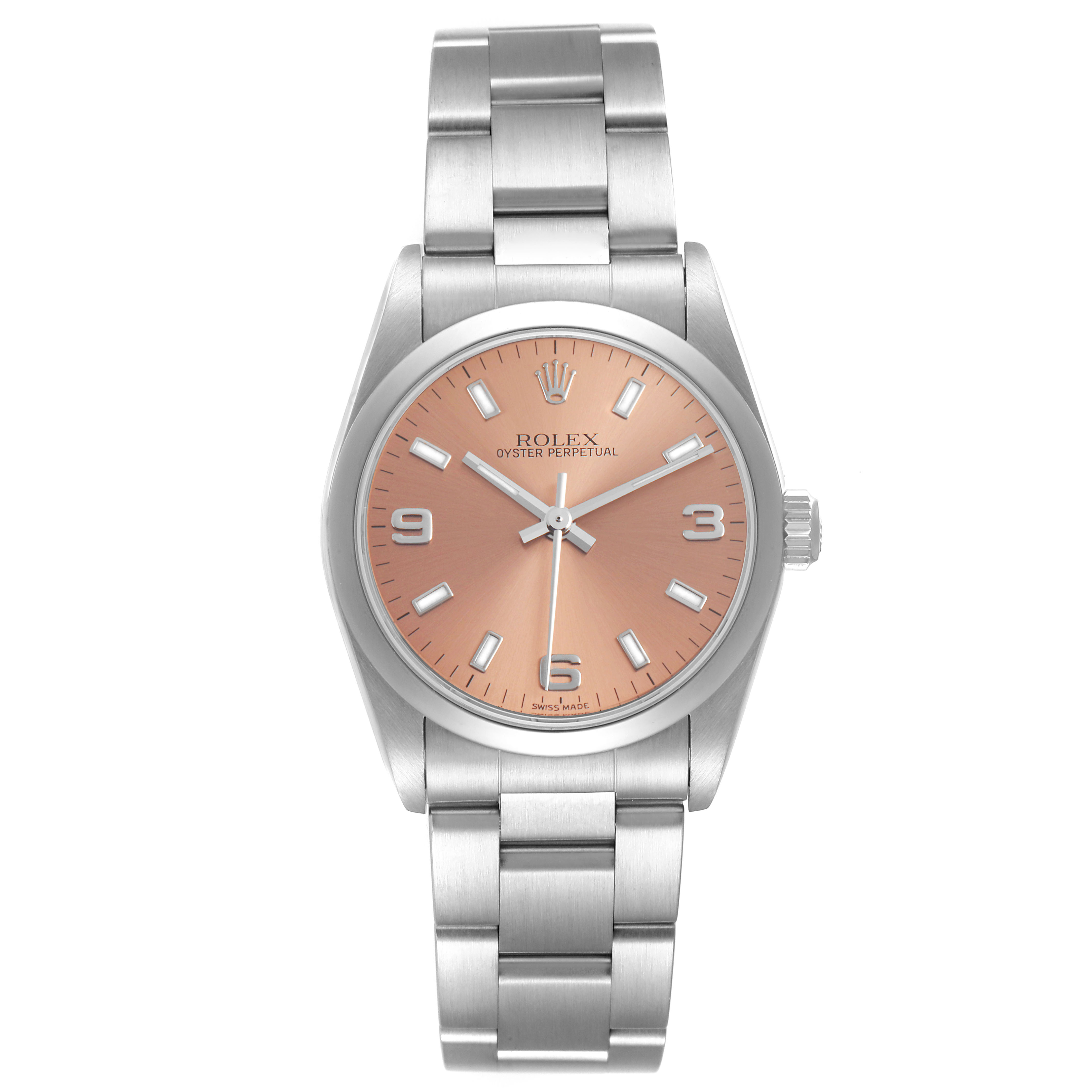 The Rolex Oyster Perpetual 77080 Women's Stainless Steel Pink Dial watch is shown from the front, highlighting its dial, hands, bezel, crown, and bracelet.