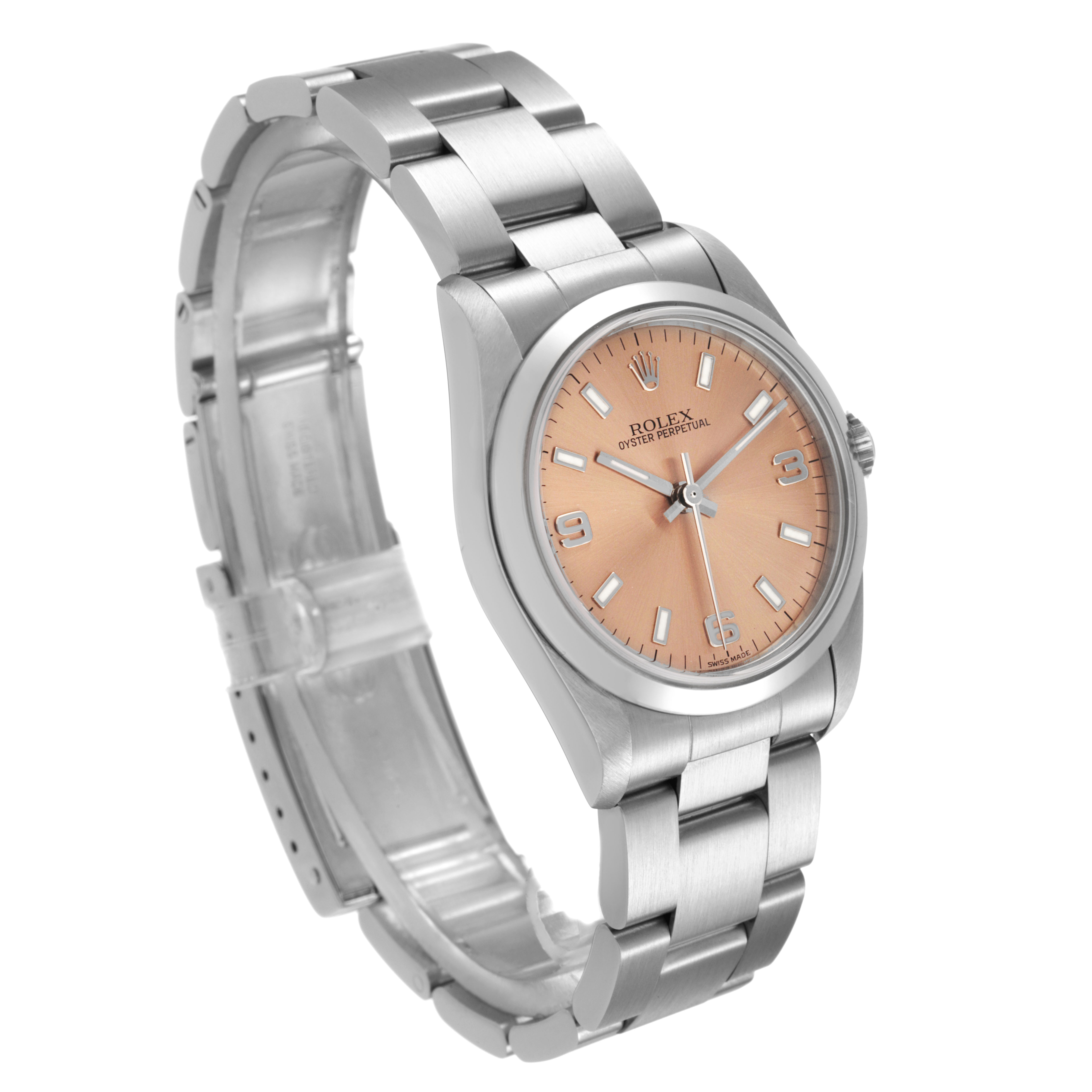 The Rolex Oyster Perpetual 77080 Women's Stainless Steel Pink Dial watch is shown at a slight angle, displaying its face, bezel, and bracelet.