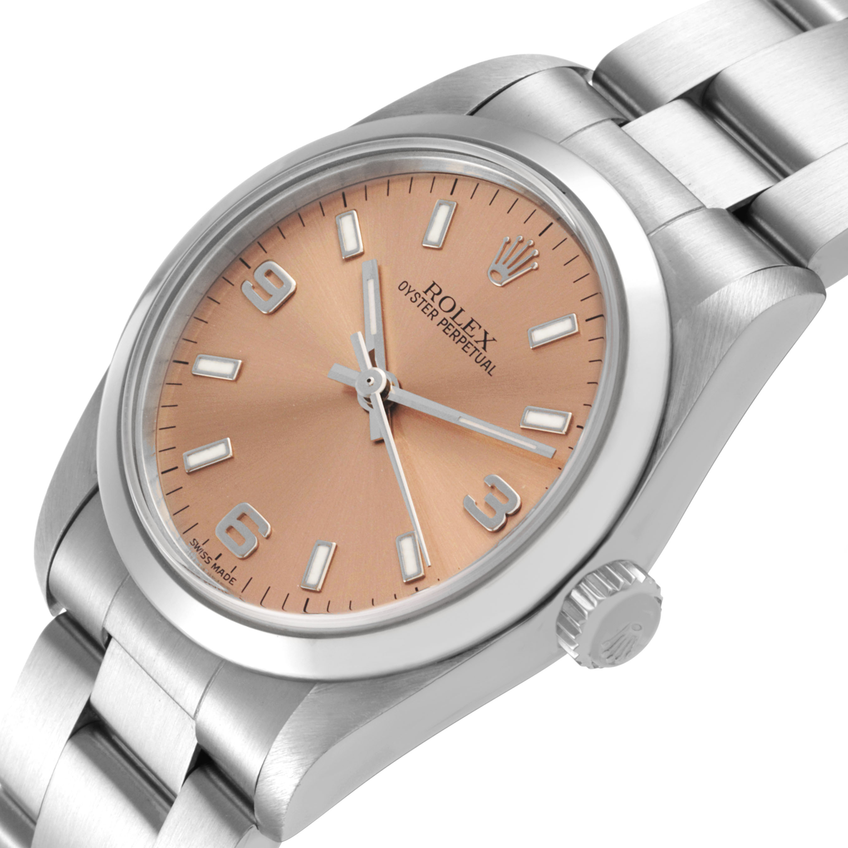 The Rolex Oyster Perpetual 77080 Women's Stainless Steel Pink Dial watch is shown at an oblique angle, highlighting the dial, crown, and bracelet.
