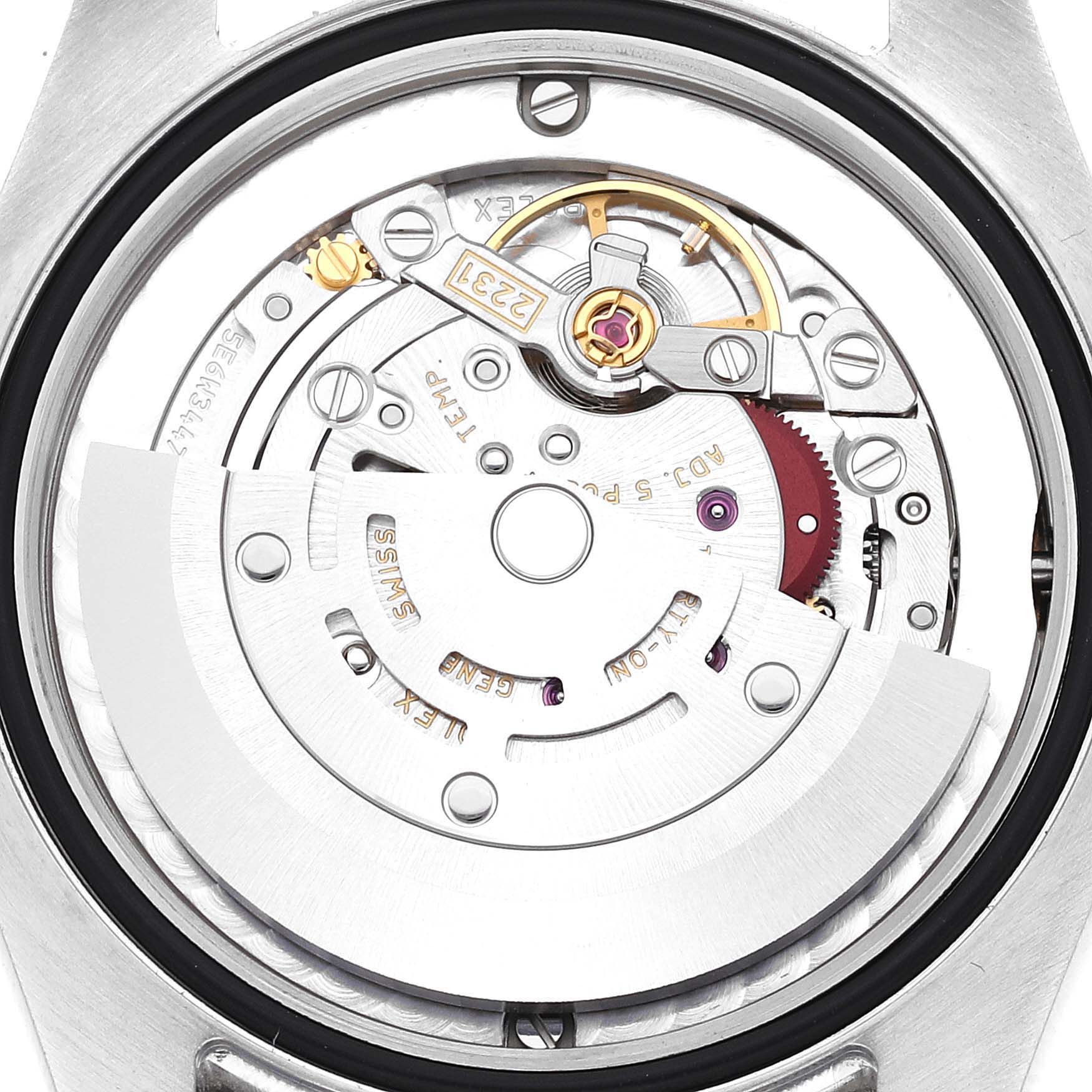 This image shows the internal mechanical parts of the Mid-Size Rolex watch from a top-view angle with the back cover removed.